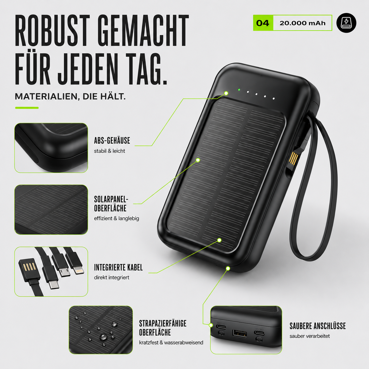 Oplaadbare Powerbank 20000mAh met Zonnepaneel, LED-Zaklamp en Ingebouwde Kabels – Draagbare Noodaccu met Dubbele USB- en Type-C-Aansluiting voor Smartphone en Tablet | Sansoti