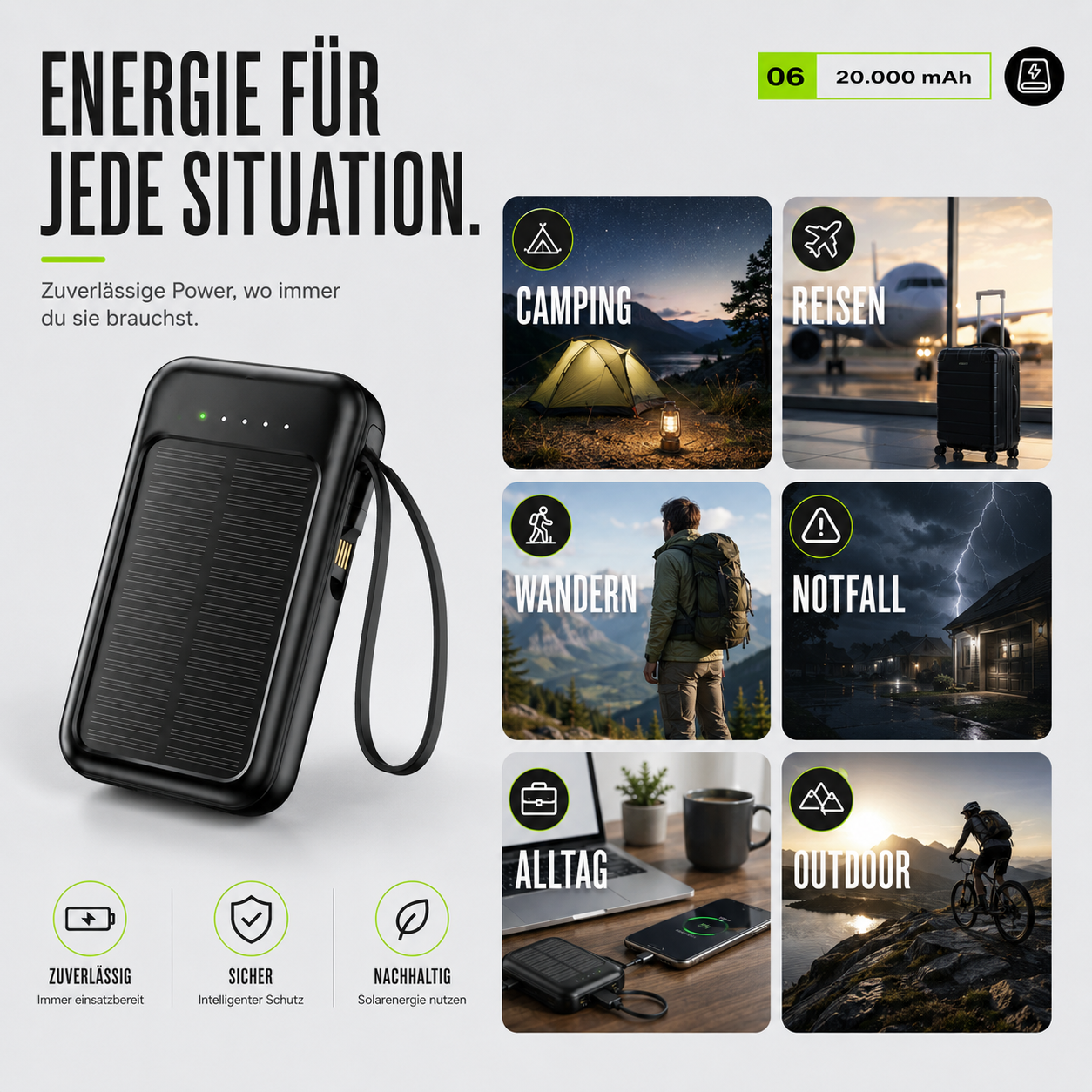 Oplaadbare Powerbank 20000mAh met Zonnepaneel, LED-Zaklamp en Ingebouwde Kabels – Draagbare Noodaccu met Dubbele USB- en Type-C-Aansluiting voor Smartphone en Tablet | Sansoti
