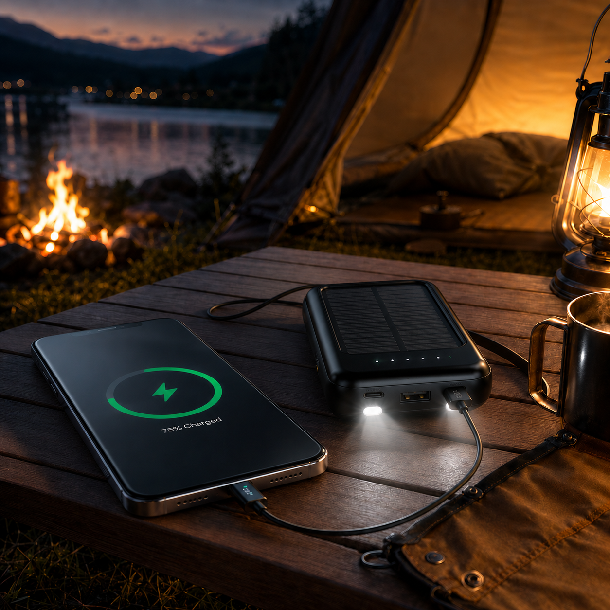 Oplaadbare Powerbank 20000mAh met Zonnepaneel, LED-Zaklamp en Ingebouwde Kabels – Draagbare Noodaccu met Dubbele USB- en Type-C-Aansluiting voor Smartphone en Tablet | Sansoti