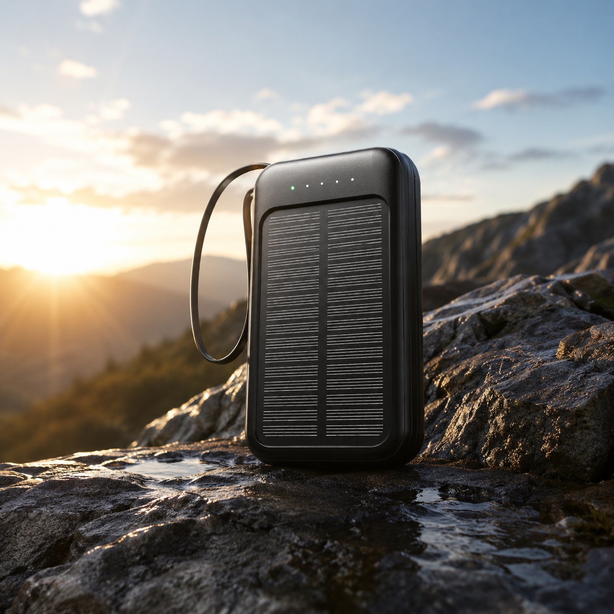 Oplaadbare Powerbank 20000mAh met Zonnepaneel, LED-Zaklamp en Ingebouwde Kabels – Draagbare Noodaccu met Dubbele USB- en Type-C-Aansluiting voor Smartphone en Tablet | Sansoti