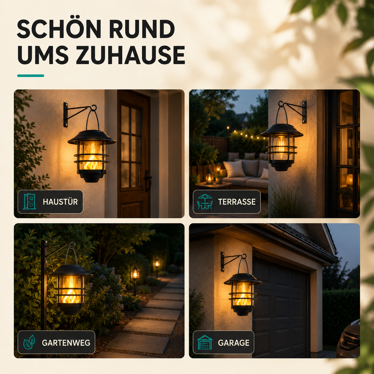 Solarlaternen mit Flammeneffekt für Garten und Veranda – atmosphärische Wandbeleuchtung 2 Stück | Sansoti