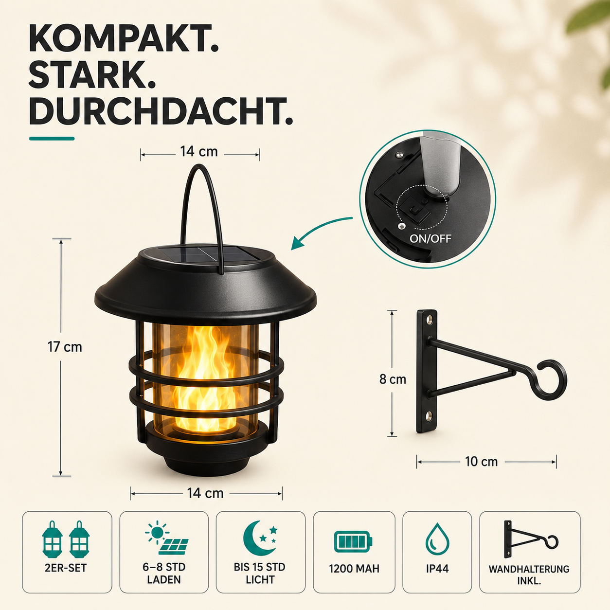 Solarlaternen mit Flammeneffekt für Garten und Veranda – atmosphärische Wandbeleuchtung 2 Stück | Sansoti