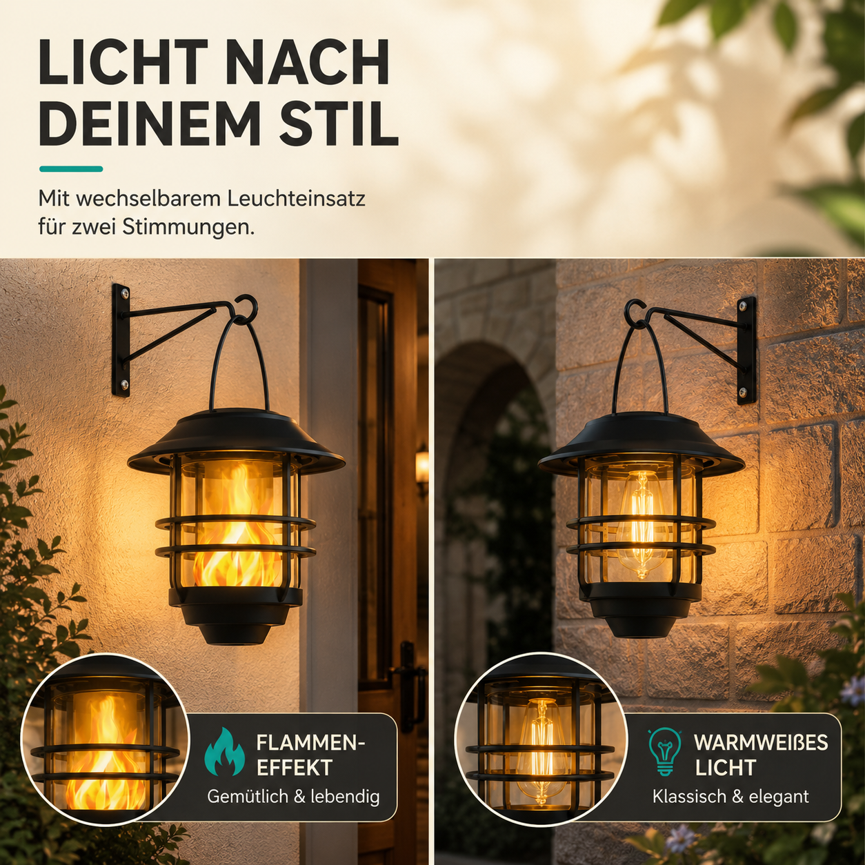 Solarlaternen mit Flammeneffekt für Garten und Veranda – atmosphärische Wandbeleuchtung 2 Stück | Sansoti