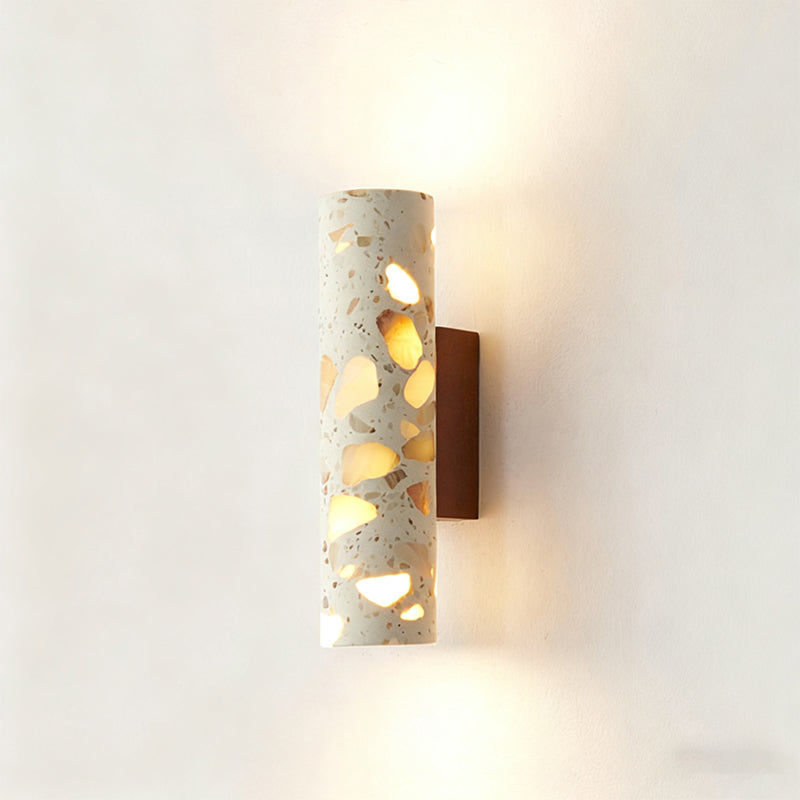Wandlamp Terrazzo Cilinder – Walnoot Houten Basis – Handgemaakt Natuursteen – Retro Kolom Design – Warm Licht G9 – Woonkamer Slaapkamer Gang | Sansoti