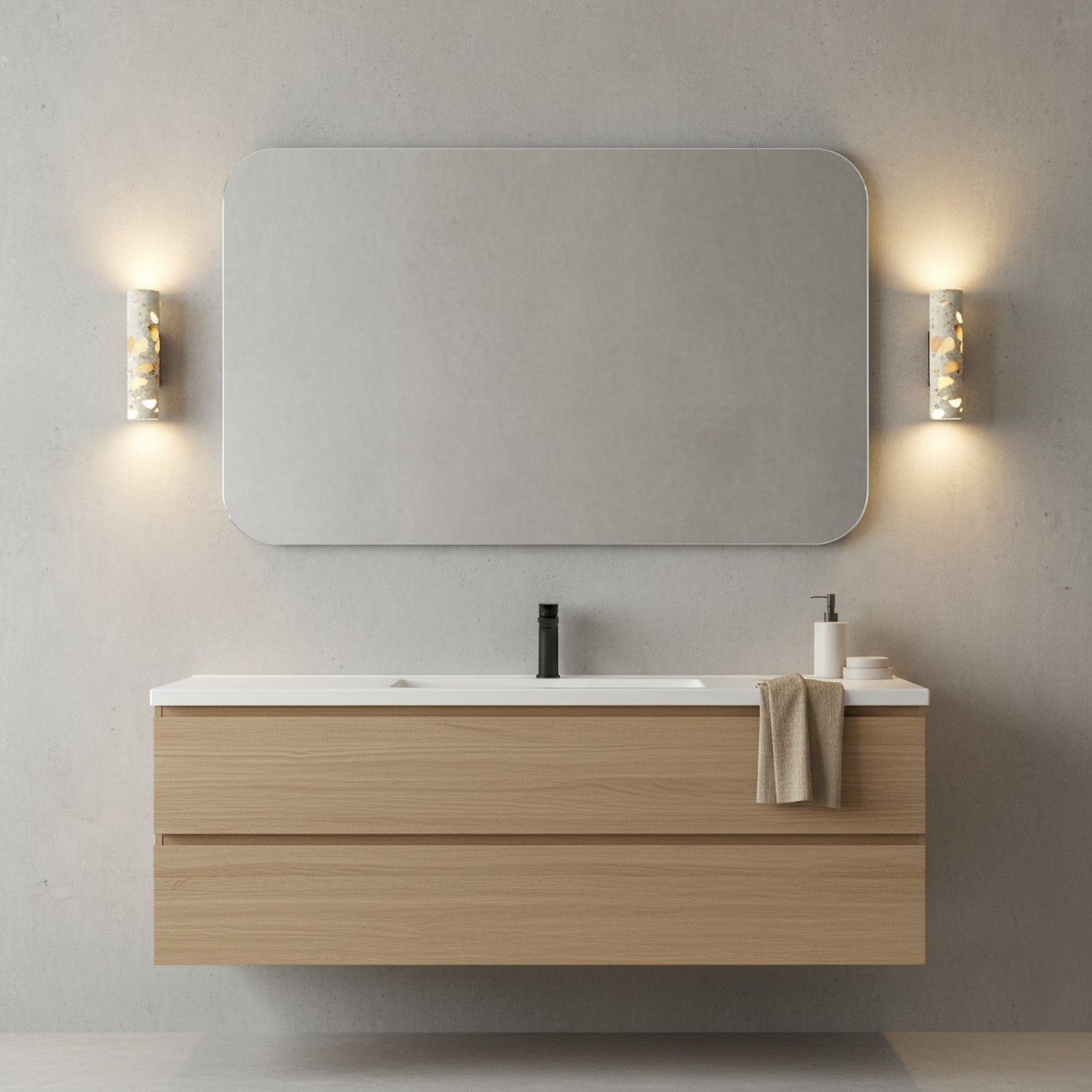 Wandlamp Terrazzo Cilinder – Walnoot Houten Basis – Handgemaakt Natuursteen – Retro Kolom Design – Warm Licht G9 – Woonkamer Slaapkamer Gang | Sansoti