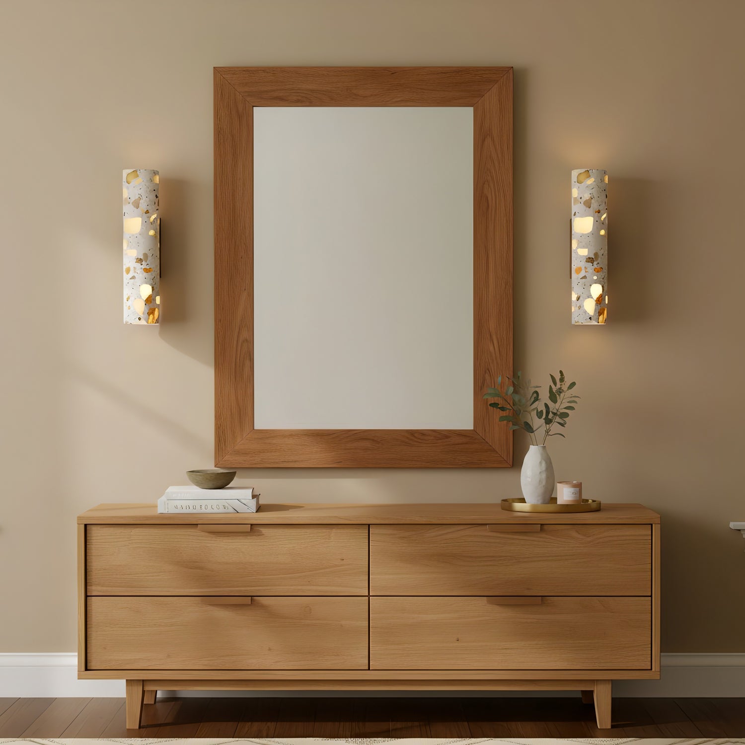 Wandlamp Terrazzo Cilinder – Walnoot Houten Basis – Handgemaakt Natuursteen – Retro Kolom Design – Warm Licht G9 – Woonkamer Slaapkamer Gang | Sansoti