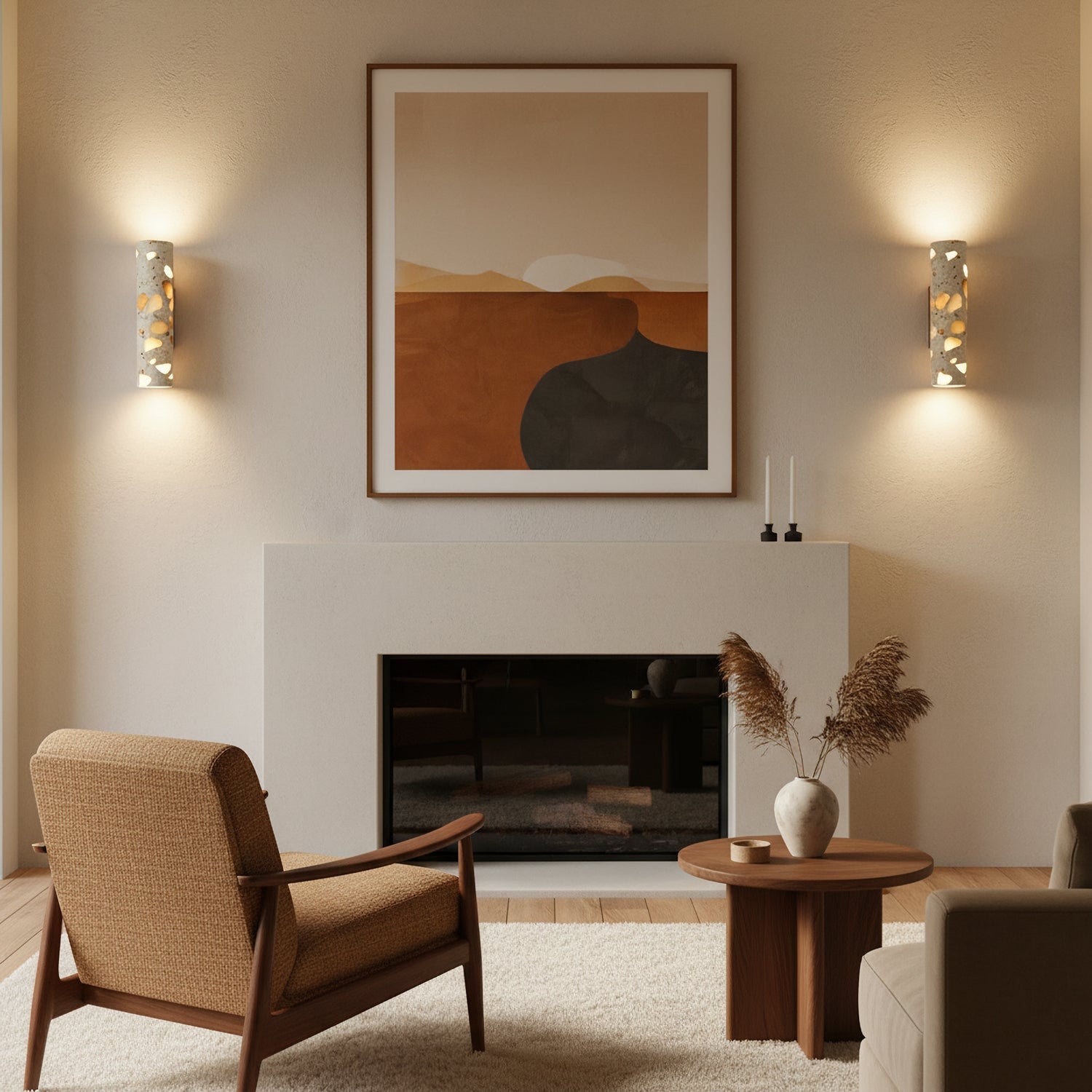 Wandlamp Terrazzo Cilinder – Walnoot Houten Basis – Handgemaakt Natuursteen – Retro Kolom Design – Warm Licht G9 – Woonkamer Slaapkamer Gang | Sansoti