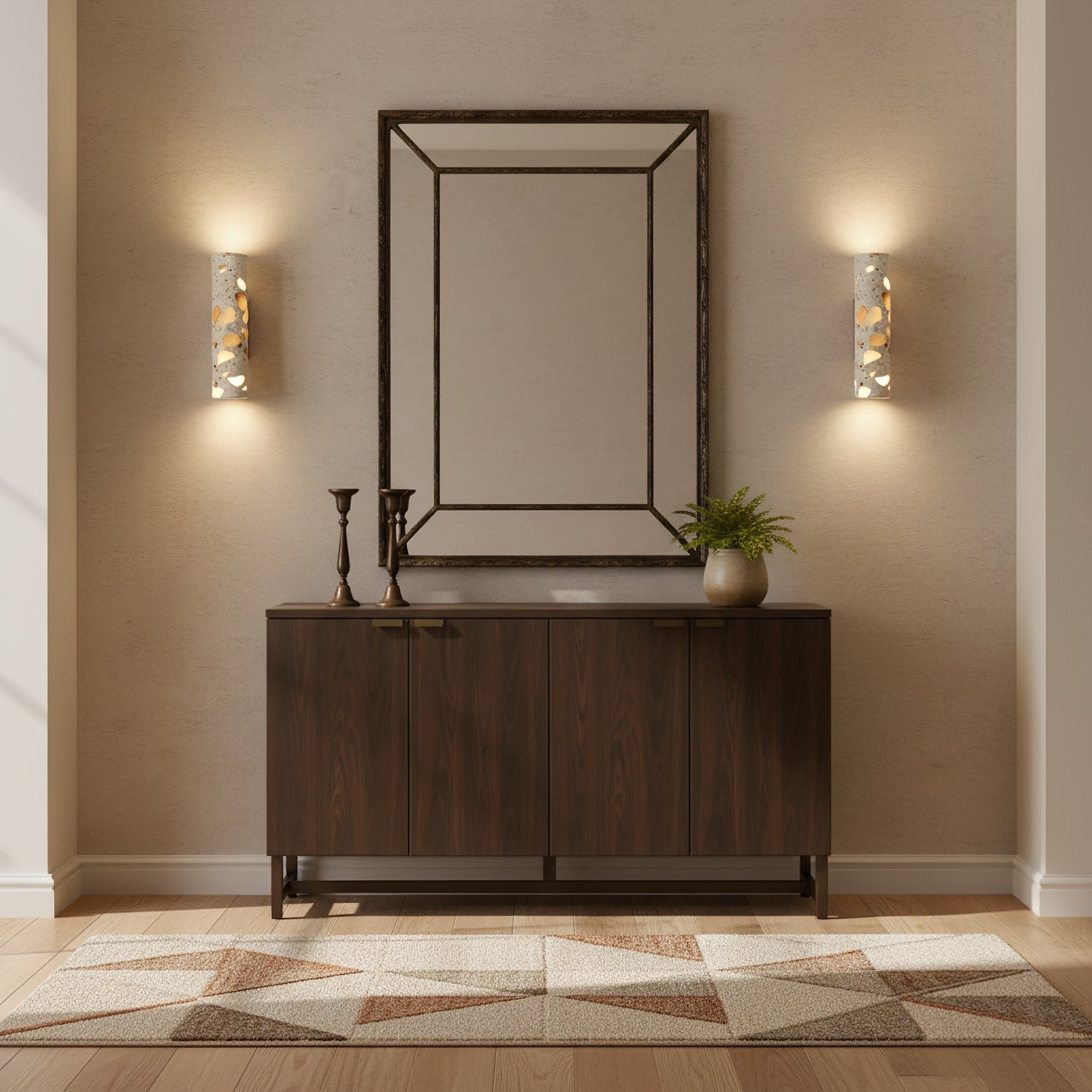 Wandlamp Terrazzo Cilinder – Walnoot Houten Basis – Handgemaakt Natuursteen – Retro Kolom Design – Warm Licht G9 – Woonkamer Slaapkamer Gang | Sansoti
