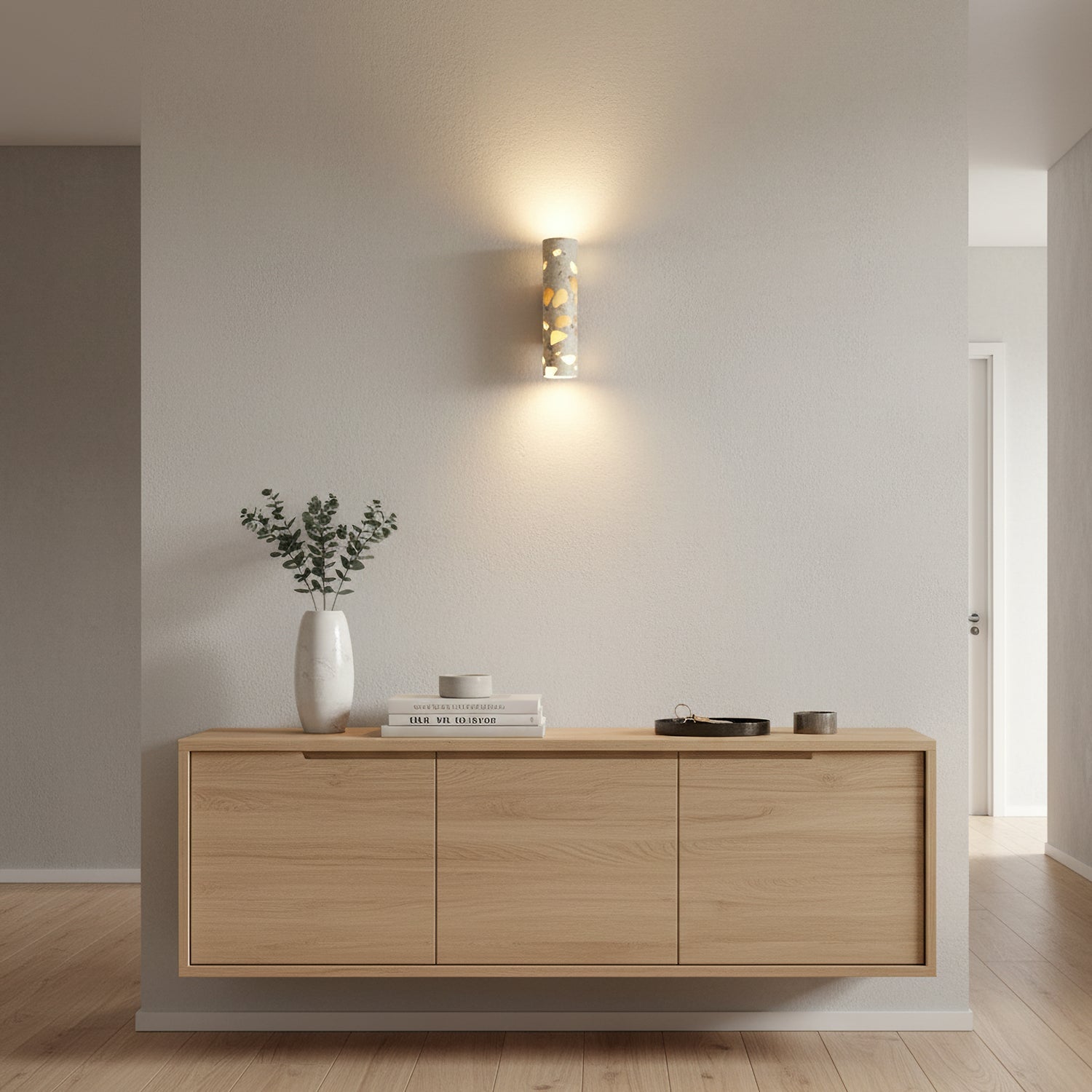 Wandlamp Terrazzo Cilinder – Walnoot Houten Basis – Handgemaakt Natuursteen – Retro Kolom Design – Warm Licht G9 – Woonkamer Slaapkamer Gang | Sansoti