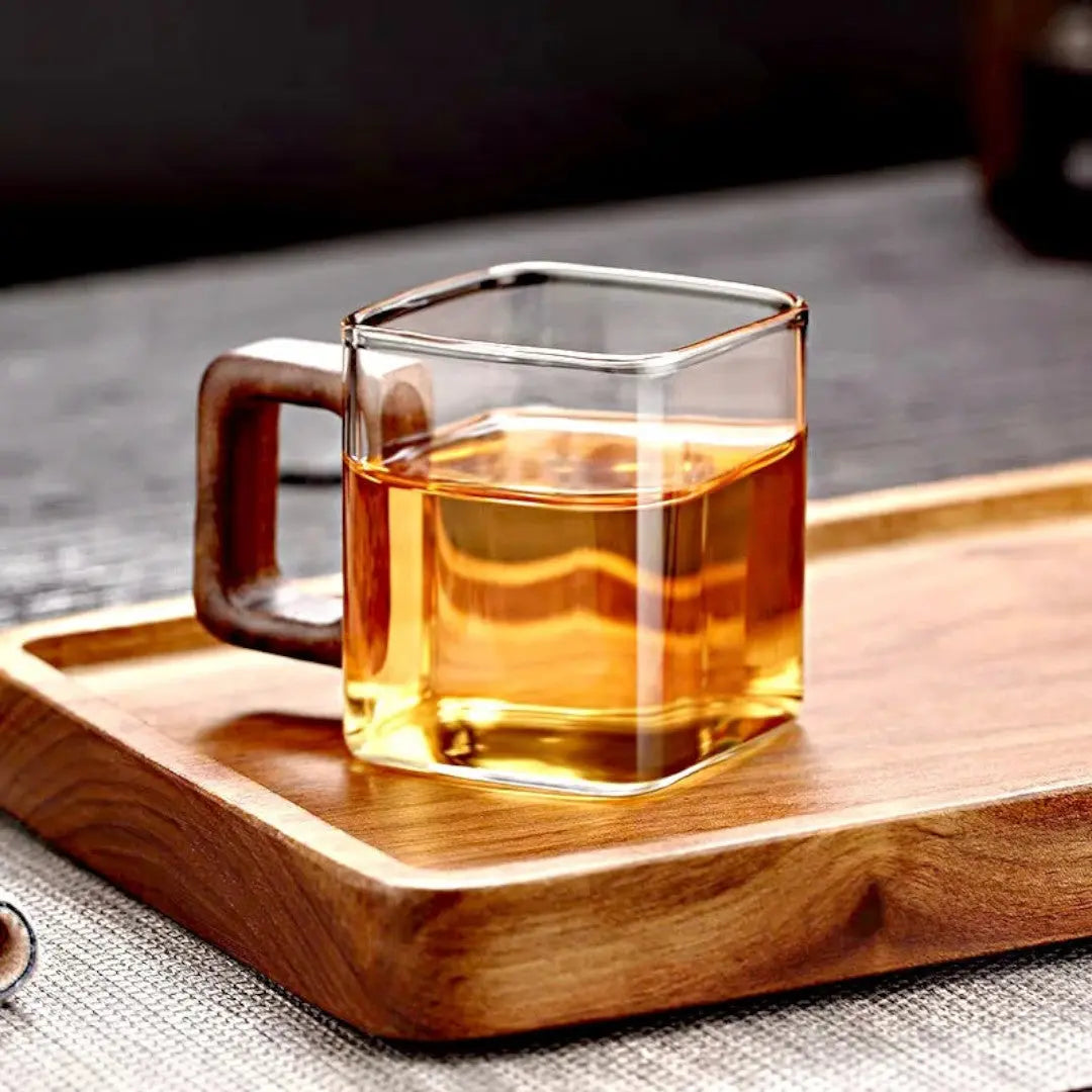 Mug en Verre Carré Verre Borosilicate Poignée Bois Noyer 90ml Espresso Thé | Restfield