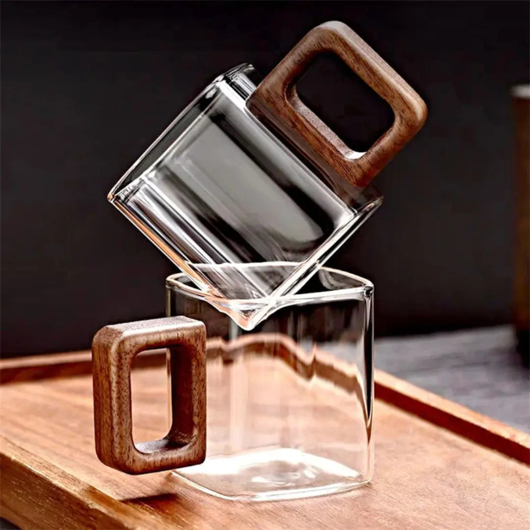 Mug en Verre Carré Verre Borosilicate Poignée Bois Noyer 90ml Espresso Thé | Restfield