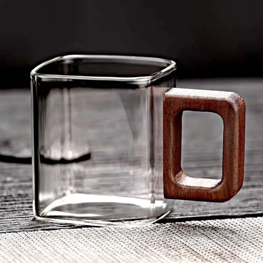 Mug en Verre Carré Verre Borosilicate Poignée Bois Noyer 90ml Espresso Thé | Restfield