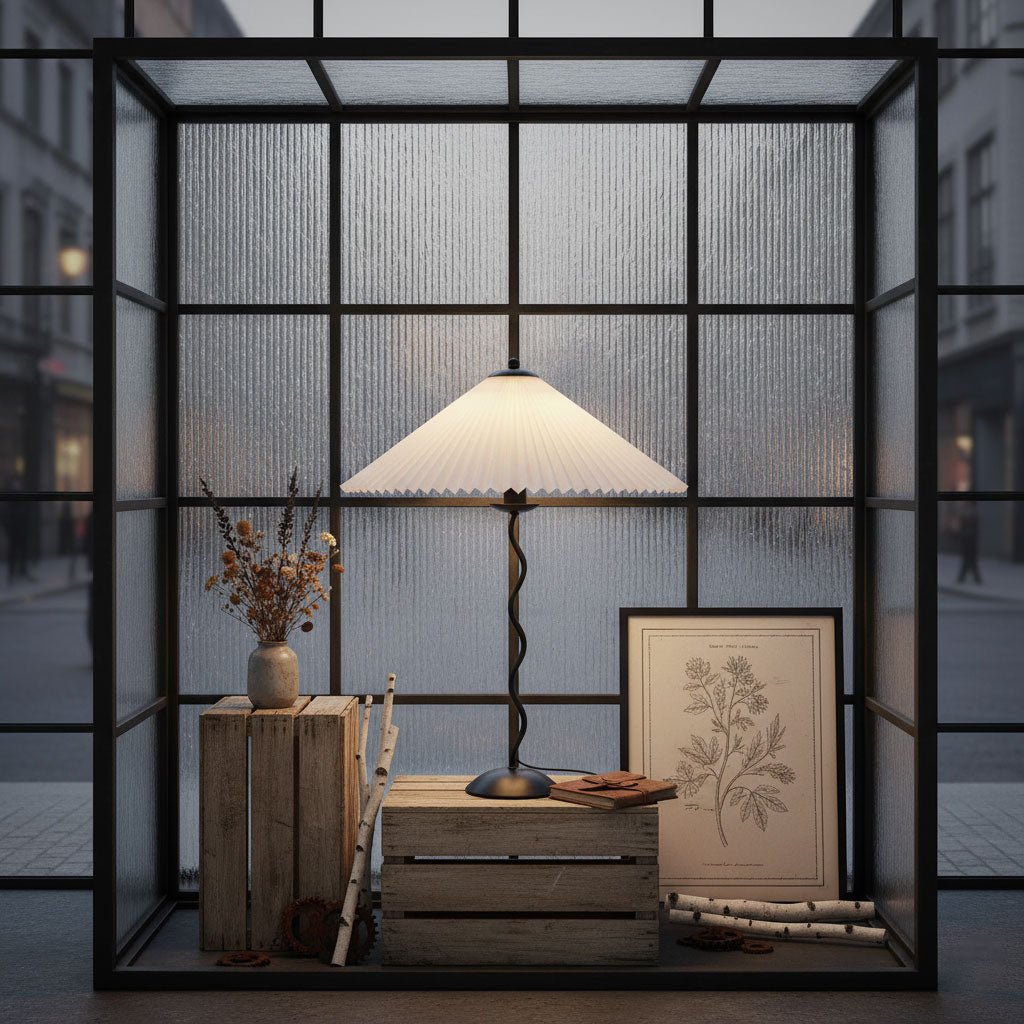 Tafellamp met Golvende Voet en Geplooide Kap – Scandinavisch Accent voor Woonkamer, Gang of Slaapkamer | Zwarte Basis met Beige, Witte, Donkergroene of Zwarte Stoffen Kap | E14 Fitting | Dimbaar met Drukknop | Sansoti