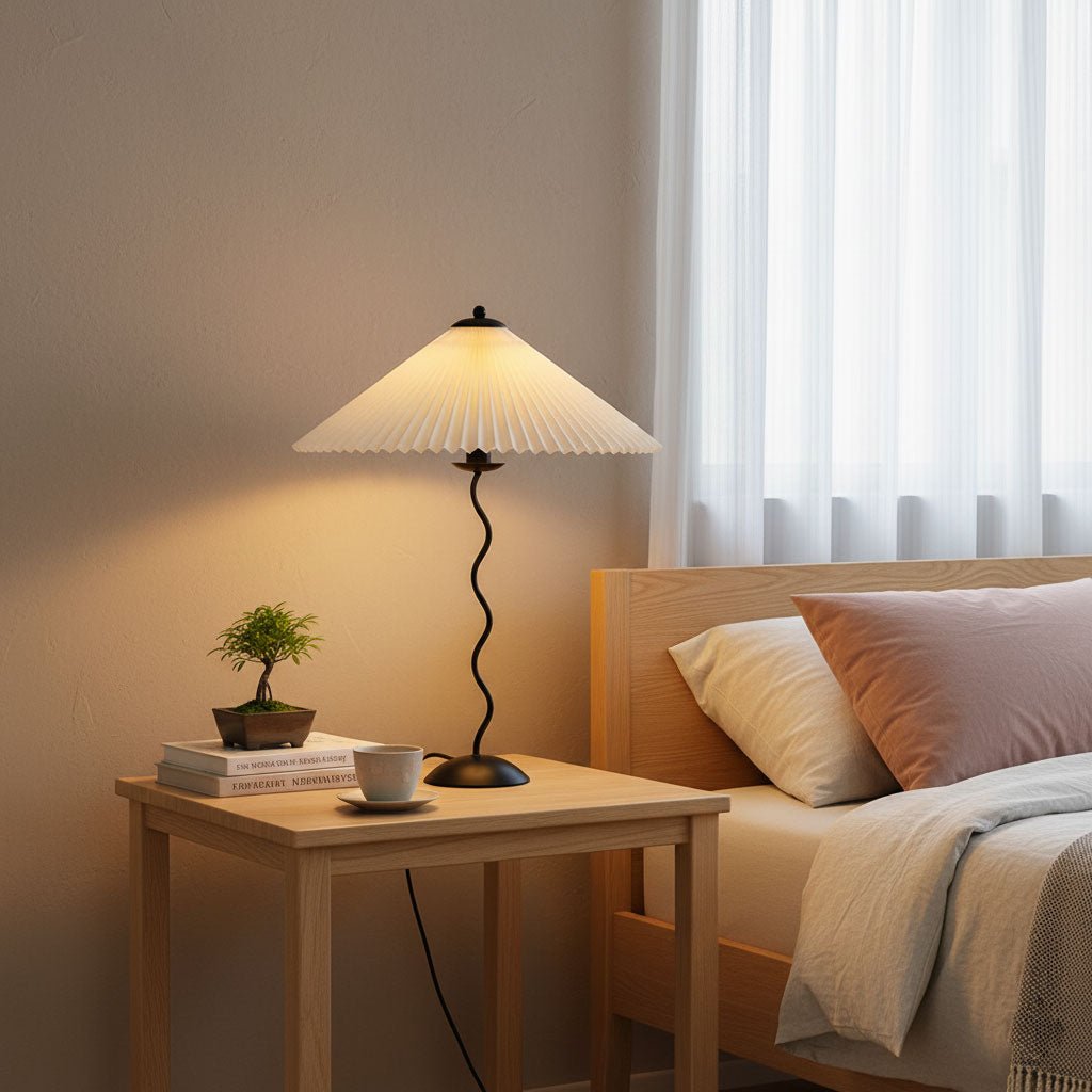 Tafellamp met Golvende Voet en Geplooide Kap – Scandinavisch Accent voor Woonkamer, Gang of Slaapkamer | Zwarte Basis met Beige, Witte, Donkergroene of Zwarte Stoffen Kap | E14 Fitting | Dimbaar met Drukknop | Sansoti