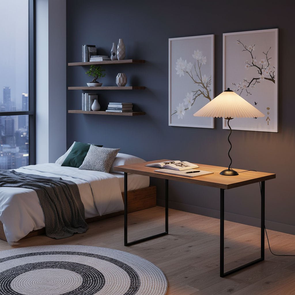 Tafellamp met Golvende Voet en Geplooide Kap – Scandinavisch Accent voor Woonkamer, Gang of Slaapkamer | Zwarte Basis met Beige, Witte, Donkergroene of Zwarte Stoffen Kap | E14 Fitting | Dimbaar met Drukknop | Sansoti
