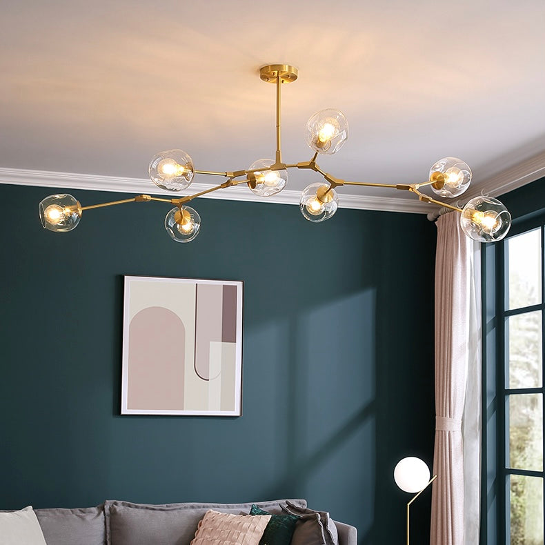 Glazen Bolkroonluchter met Messing Armen 6-8 Lichtpunten Eetkamer Slaapkamer Modern Design Helder Glas | Sansoti