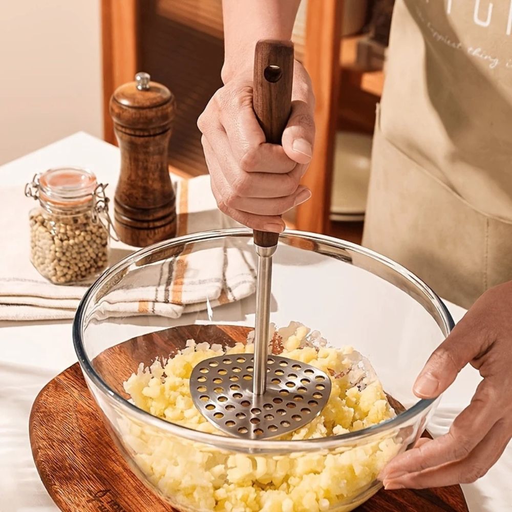 Aardappelstamper RVS 304 Hout Handvat Keuken Puree Stamper Ergonomisch Roestvrijstaal Keukentool Groenten Fruit | Sansoti