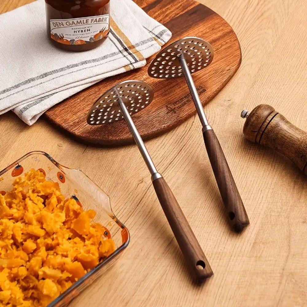 Aardappelstamper RVS 304 Hout Handvat Keuken Puree Stamper Ergonomisch Roestvrijstaal Keukentool Groenten Fruit | Sansoti