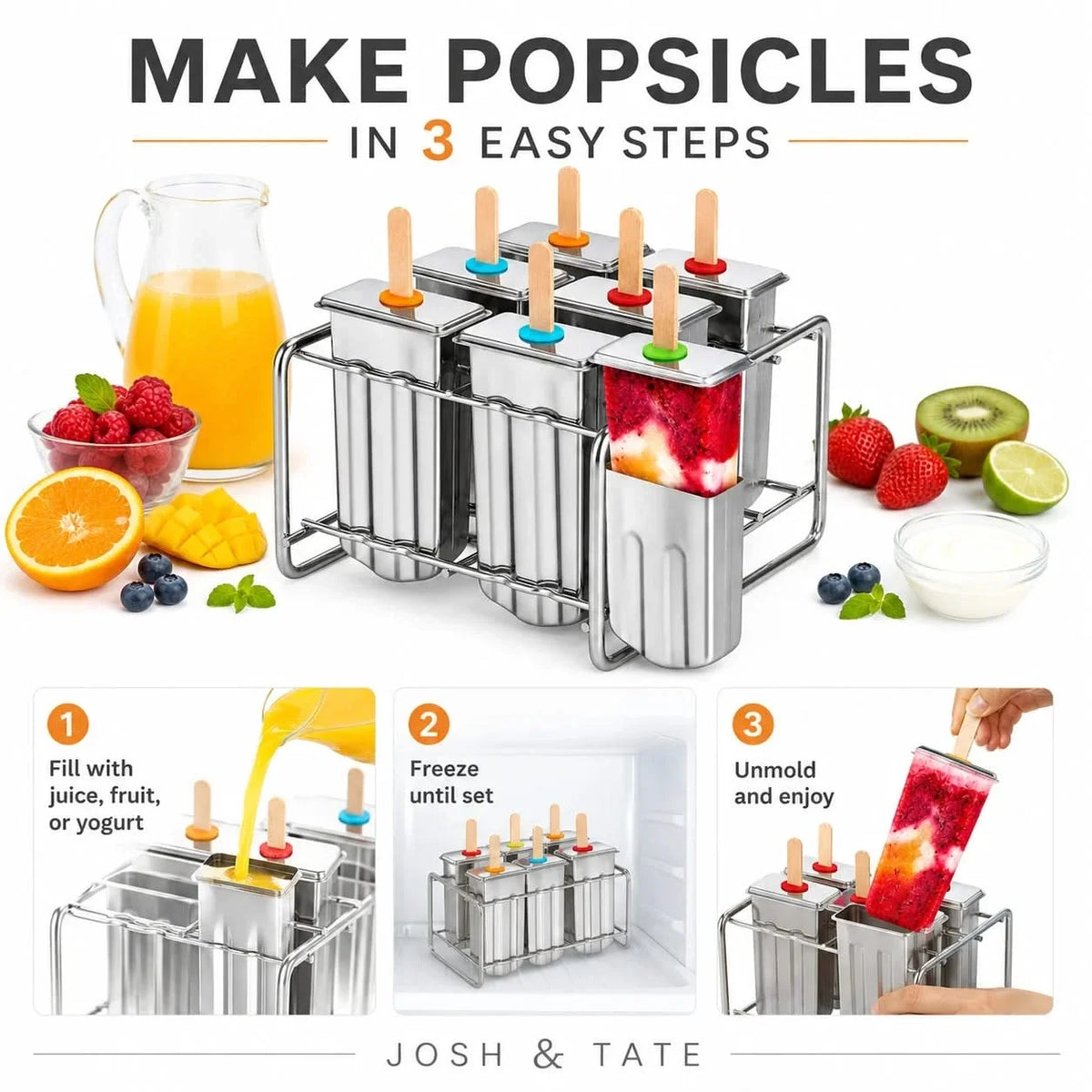 Stainless Steel Ice Pop Mold Set with Holder for Healthy Homemade Ice Pops for Children, Reusable, Durable, Summer | Sansoti