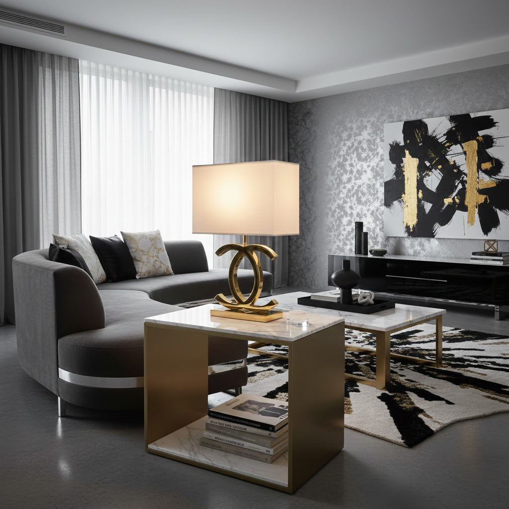 Roestvrij Stalen Tafellamp met Stoffen Kap – Luxe Designlamp Goud/Chroom met Zwart/Wit – E26/E27 Fitting – Ø36.5×H62cm | Sansoti