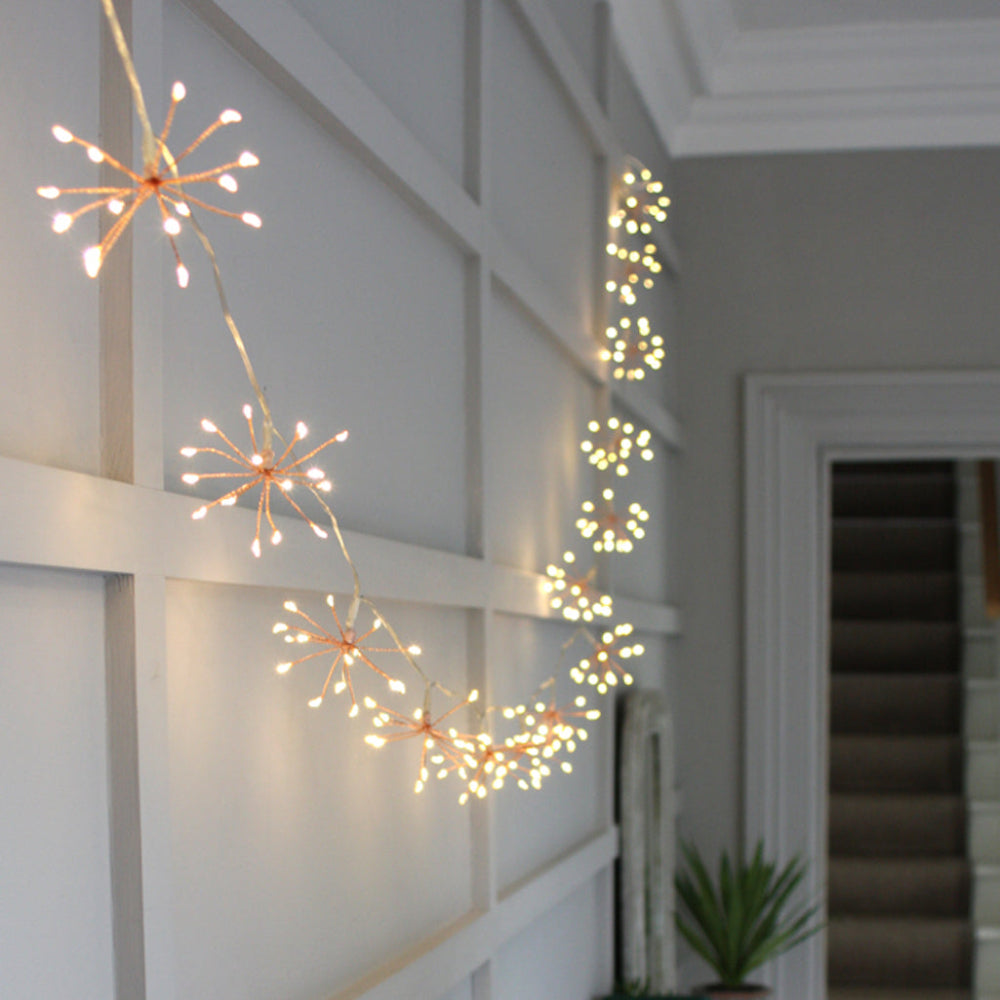 Koperen Starburst LED-lichtslinger – Batterij of Stekker – Warmwit Licht met Timer – 6h ON/18h OFF | Sansoti