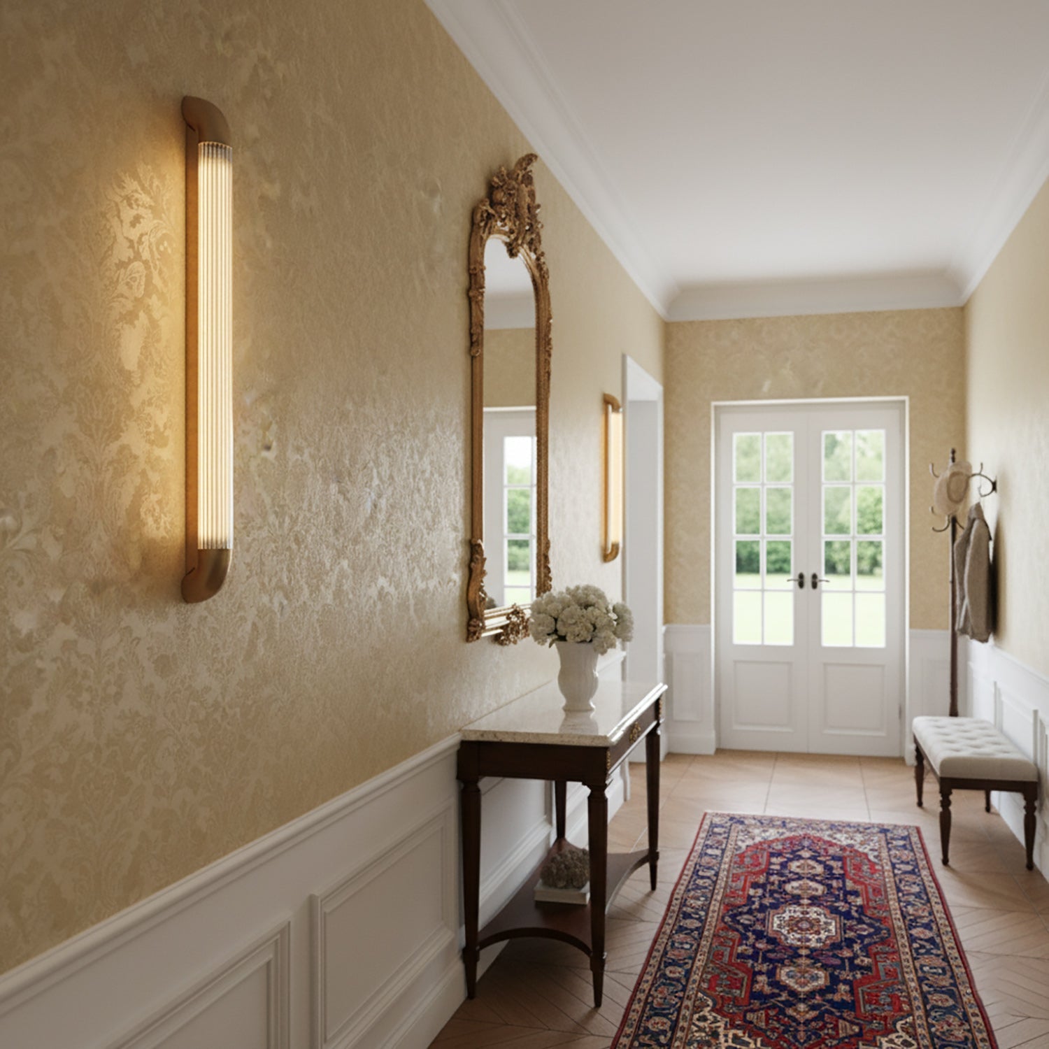 Wandlamp met Geribbelde Glazen Buis en Gebogen Roestvrijstalen Accenten | Moderne Verlichting met Geïntegreerde LED | Sansoti