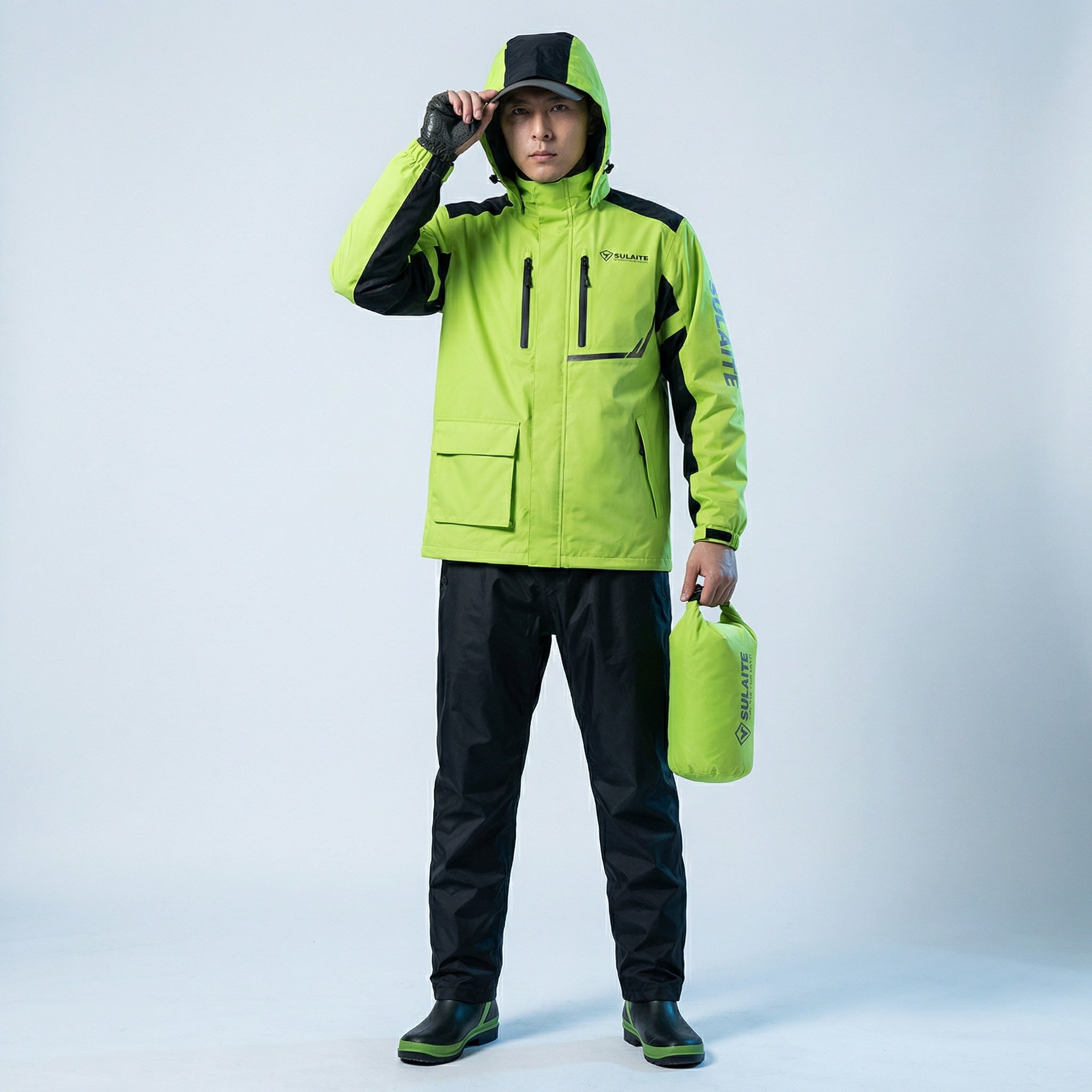 Tweedelig Regenpak Waterdicht Ademend Groen Zwart Oranje voor Outdoor Wandelen Fietsen Camping | Sansoti