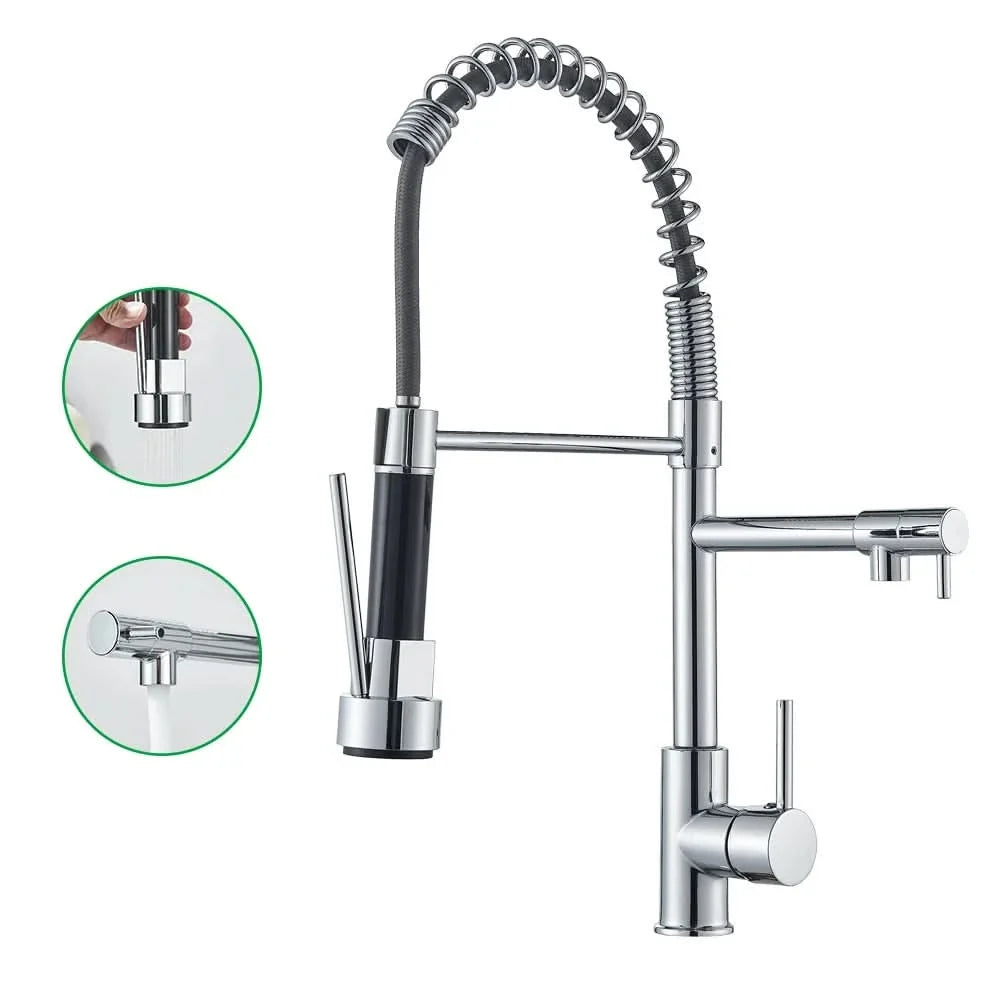 Robinet de cuisine extensible chromé à bec orientable, eau chaude et froide, douchette flexible, mitigeur de cuisine | Sansoti