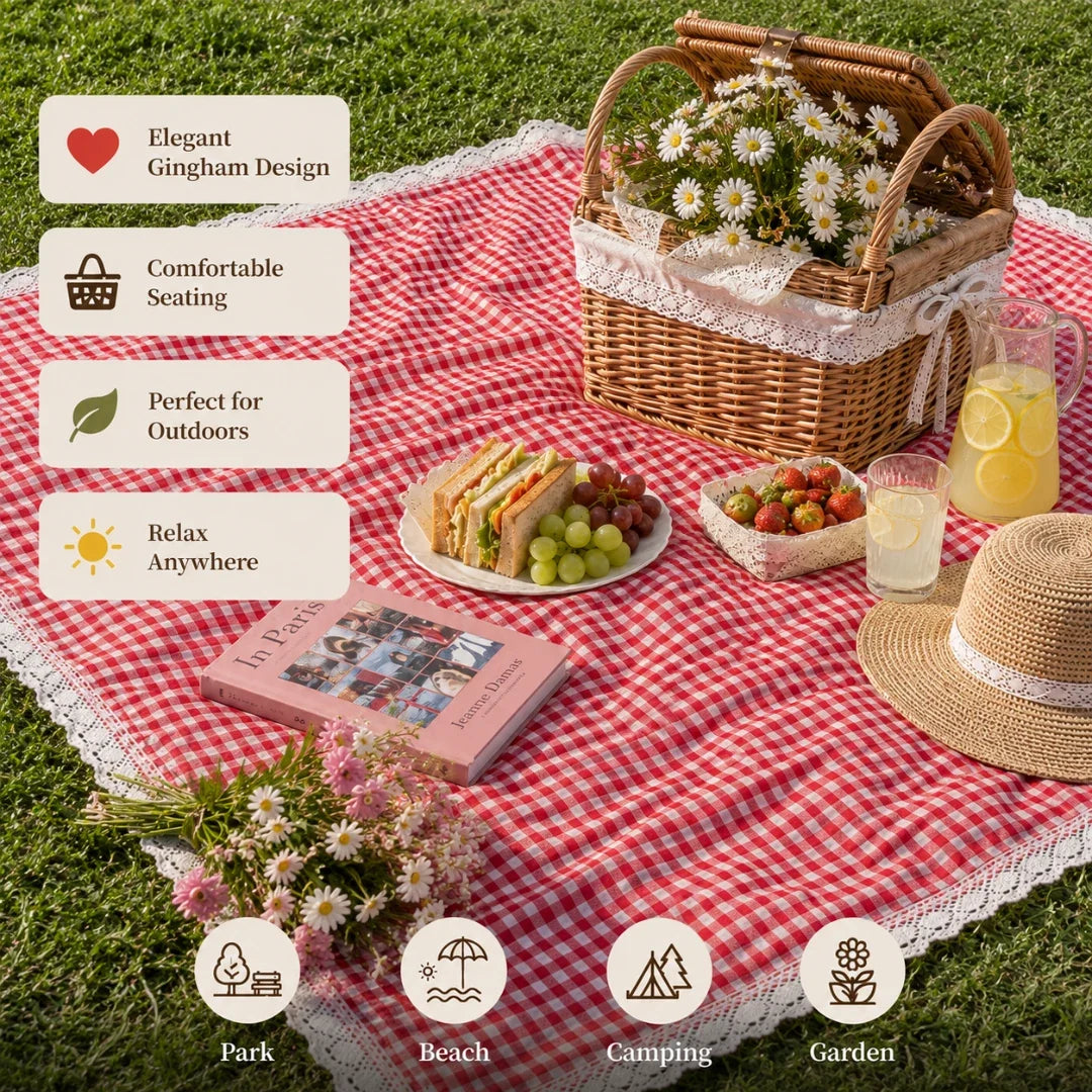 Geruite Picknickdeken met Gehaakte Rand Rood Zachte Buitenkleed Outdoor Deken voor Tuin Park Strand 5 Maten | Sansoti