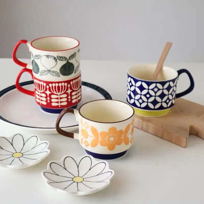 Keramiktasse im Retro-Stil 300 ml mit Vintage-Mid-Century-Design, Henkel, Geschirr, Trinkbecher für Tee und Kaffee | Sansoti