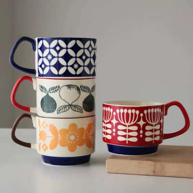 Keramiktasse im Retro-Stil 300 ml mit Vintage-Mid-Century-Design, Henkel, Geschirr, Trinkbecher für Tee und Kaffee | Sansoti