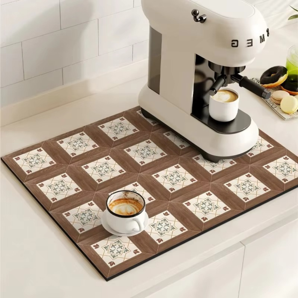 Retro Design Absorberend Koffiemat – Sneldrogend Waterbestendig Rubber – Vintage Tegelmotief Droogmat voor Koffiehoek Aanrecht Vaatdroger | Sansoti