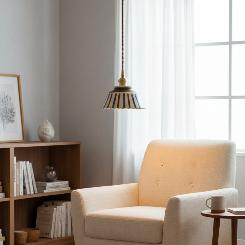 Keramik Pendelleuchte Handbemalt Kupfer Blau Natur E27 Wohnzimmer Esszimmer Japandi Retro Skandinavisch | Restfield