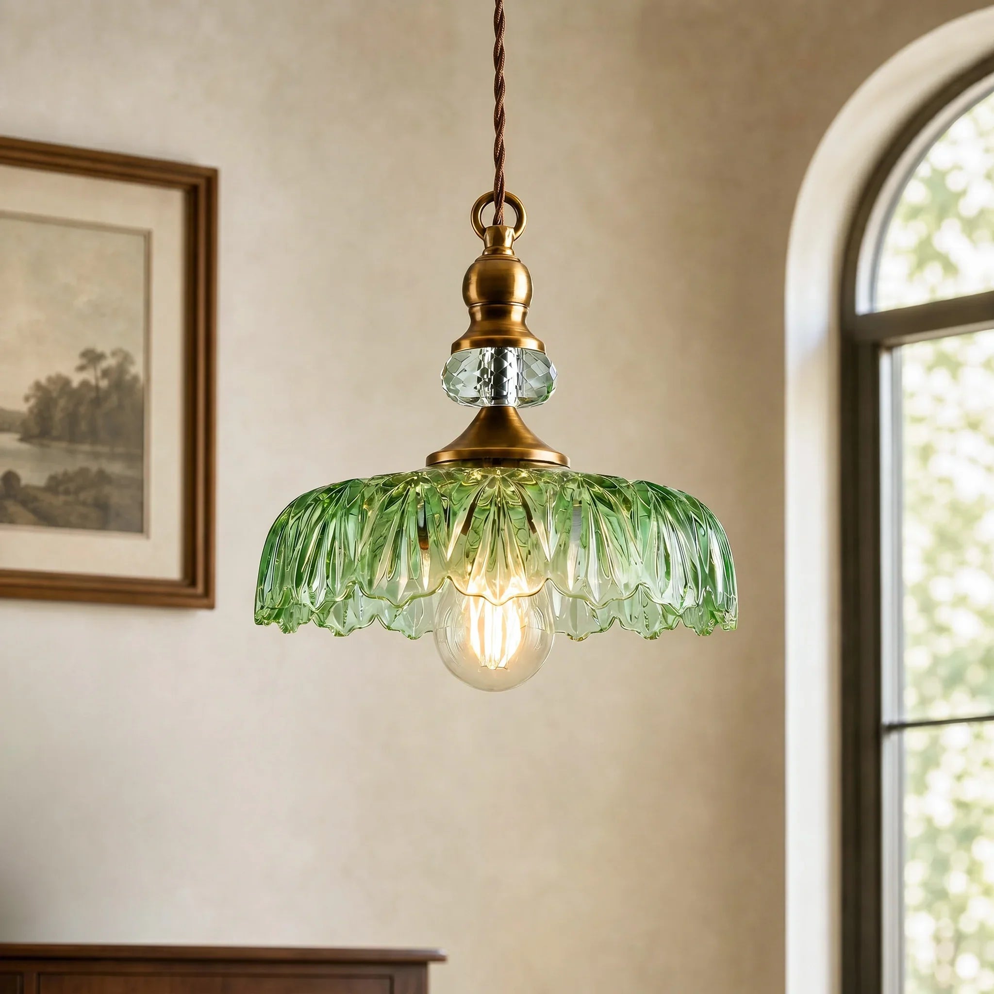 Vintage Hanglamp Glas Messing Bloemmotief Groen Zwart | Sansoti