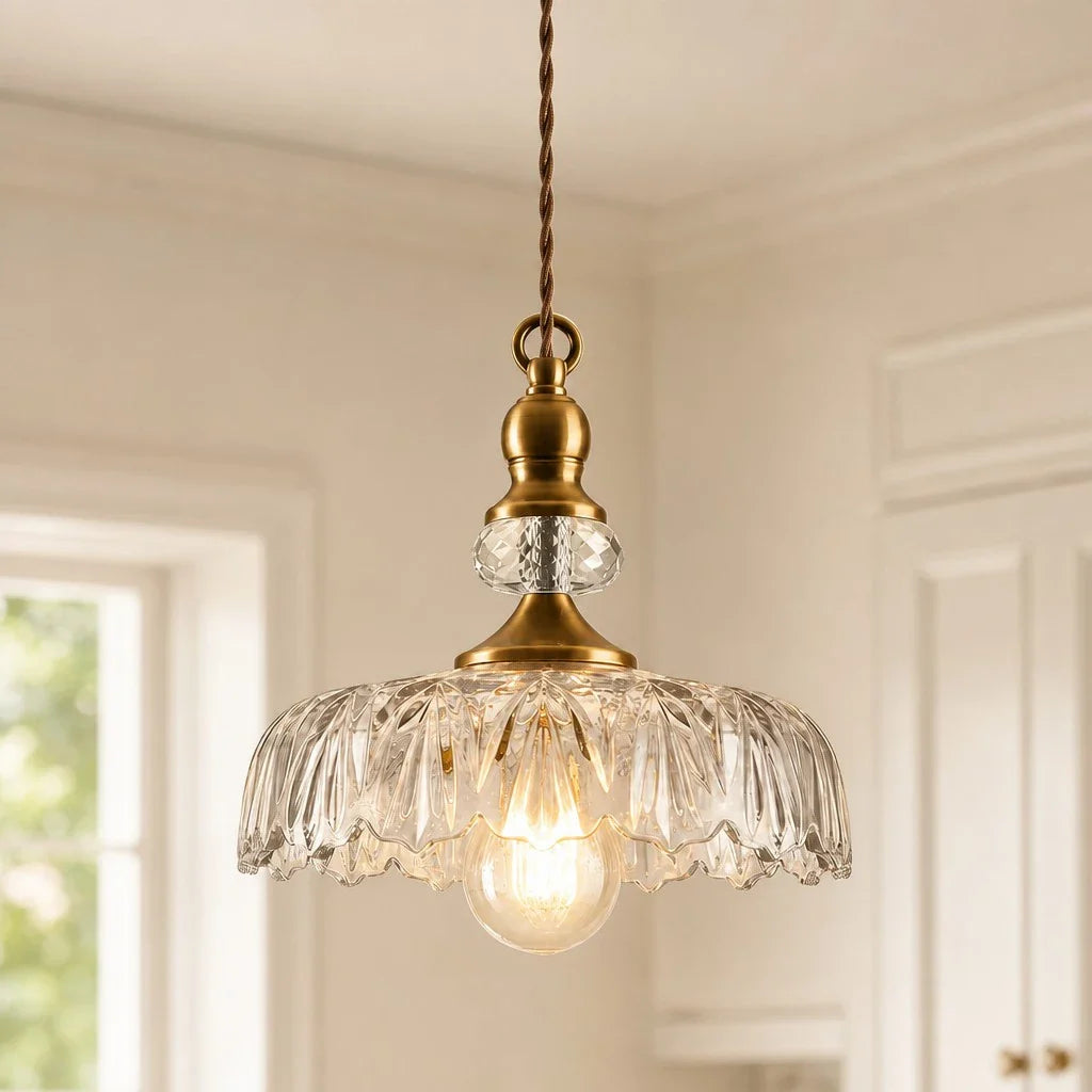 Vintage Hanglamp Glas Messing Bloemmotief Groen Zwart | Sansoti