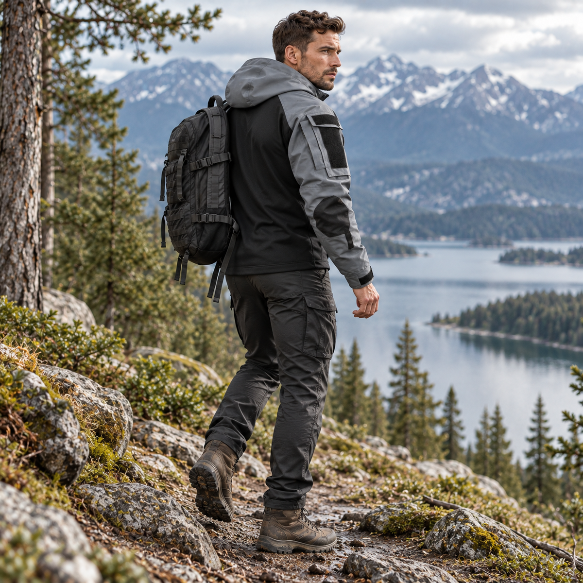 Veste tactique outdoor en polyester, déperlante, coupe-vent, respirante, automne-hiver, camping, randonnée, verte et grise | Sansoti