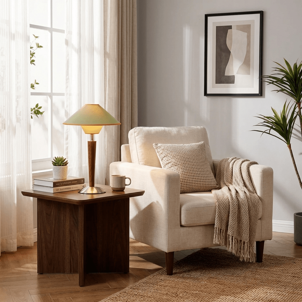 Houten Tafellamp met Stoffen Kap – Walnoot of Nikkel – Warm Modern Design – E26/E27 – Plug-in met Schakelaar | Sansoti