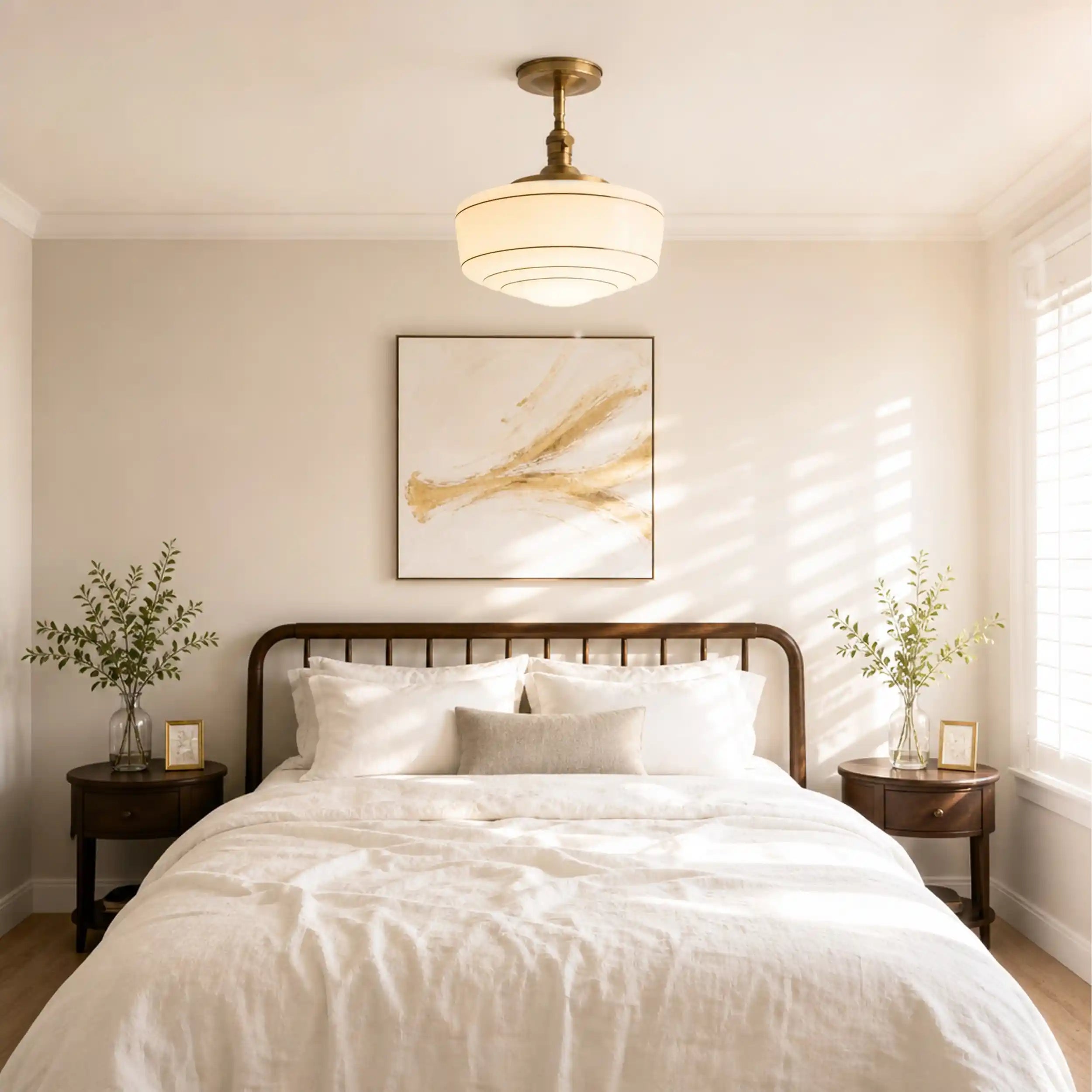 Ronde Plafondlamp met Gestreepte Glazen Kap en Messing Fitting – Scandinavische Flush Mount Verlichting | Sansoti