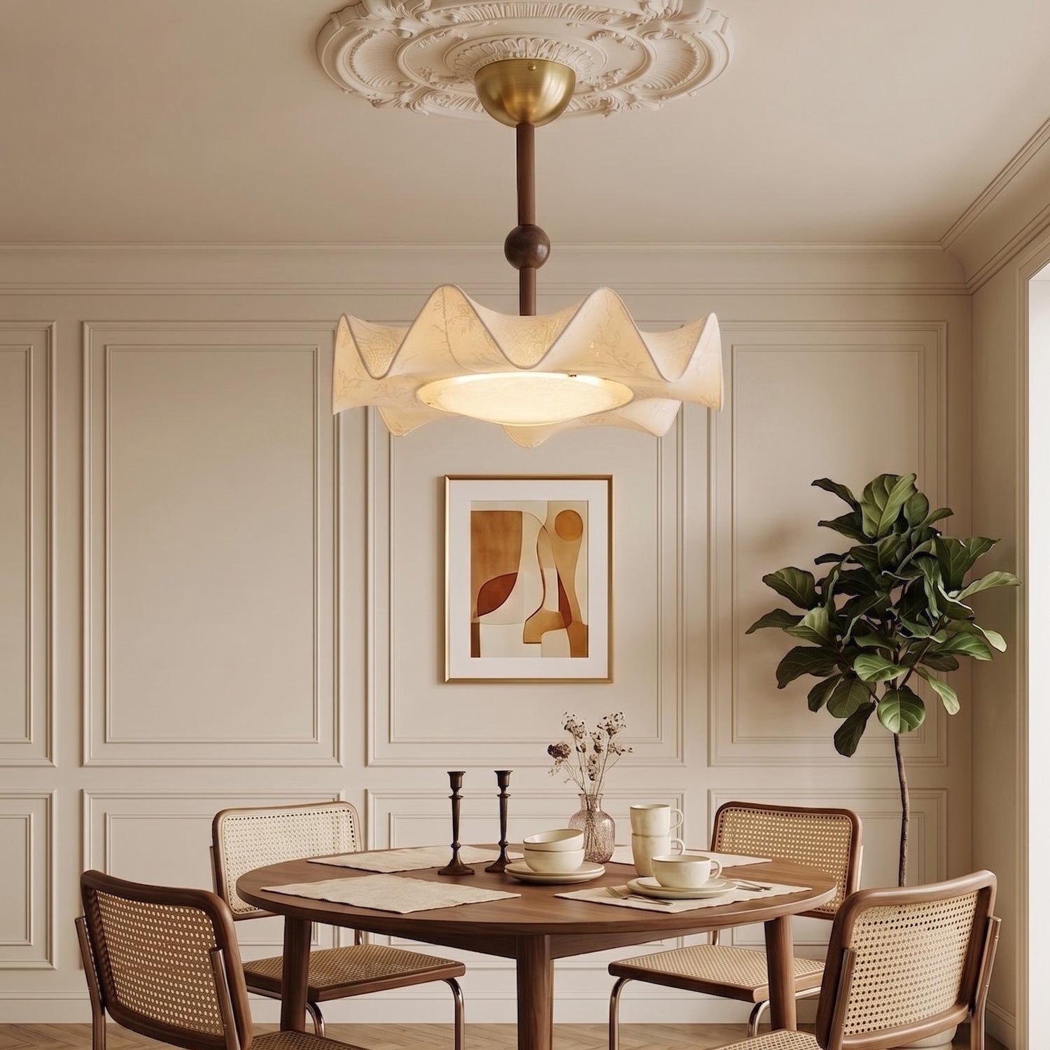 Plafondlamp met Bloemblaadjesontwerp – Walnoot & Goud – Geïntegreerde LED – Ø50cm × H44cm | Sansoti