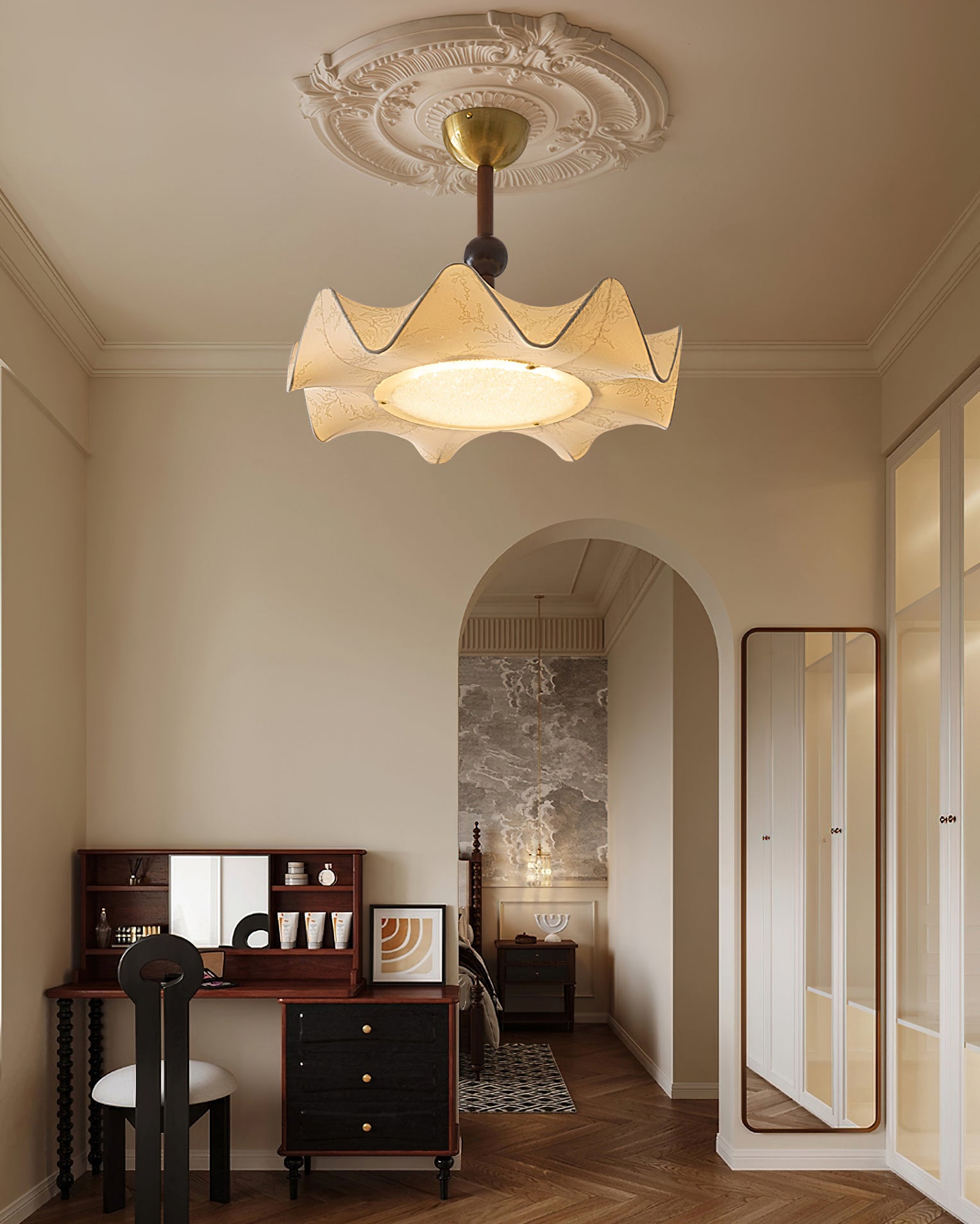 Plafondlamp met Bloemblaadjesontwerp – Walnoot & Goud – Geïntegreerde LED – Ø50cm × H44cm | Sansoti