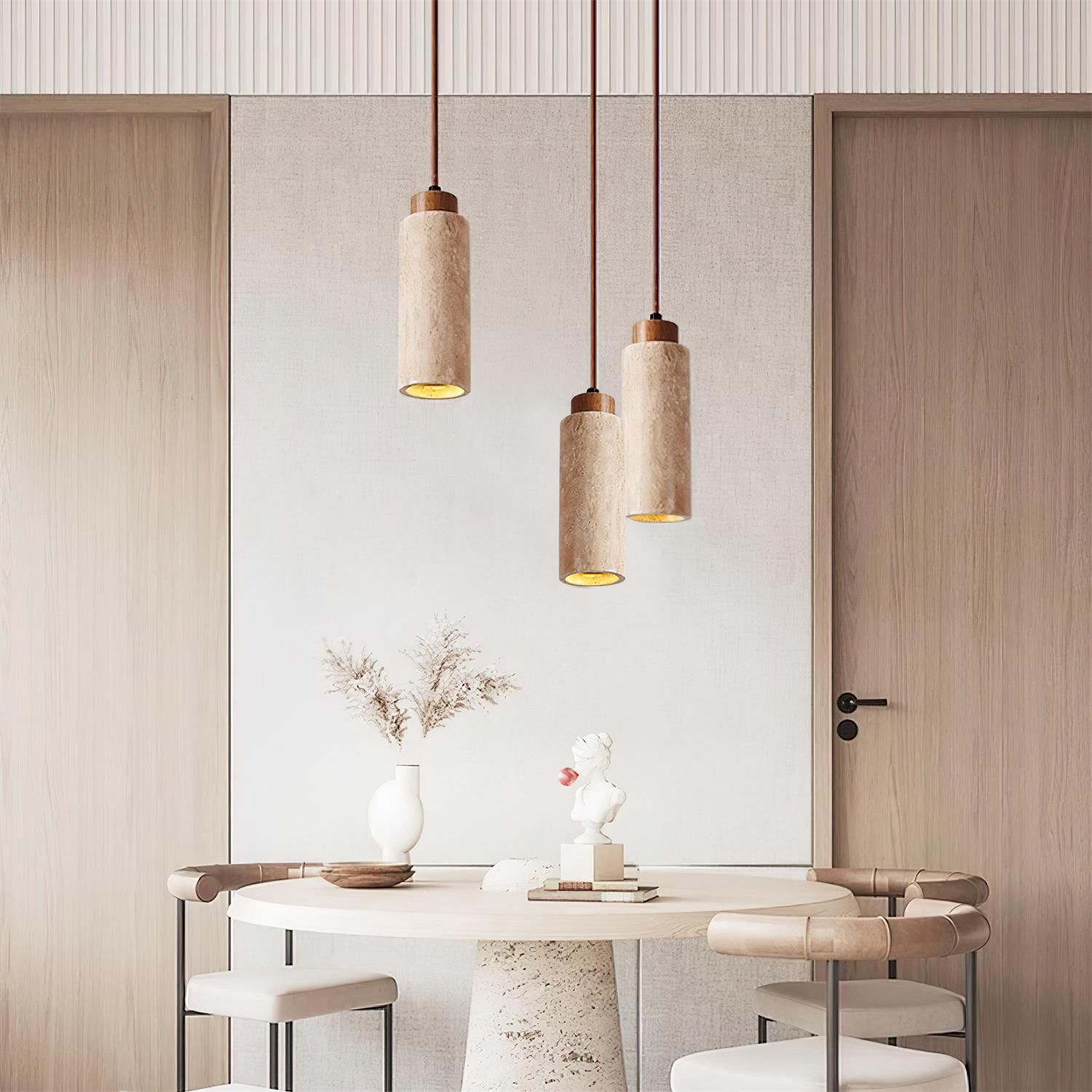 Hängelampe Travertin Zylinder Holz LED Beige Esstisch Wohnzimmer Naturstein Minimalistisches Design Beleuchtung Japandi Interieur | Restfield