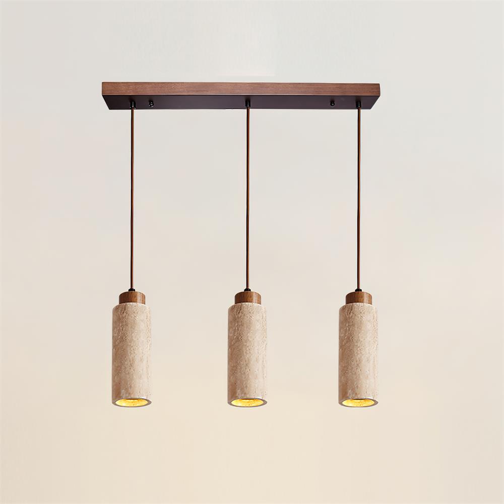 Hängelampe Travertin Zylinder Holz LED Beige Esstisch Wohnzimmer Naturstein Minimalistisches Design Beleuchtung Japandi Interieur | Restfield