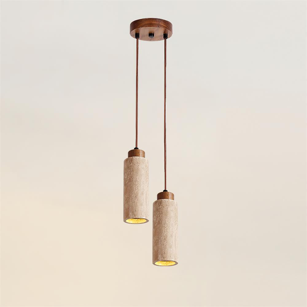Hängelampe Travertin Zylinder Holz LED Beige Esstisch Wohnzimmer Naturstein Minimalistisches Design Beleuchtung Japandi Interieur | Restfield