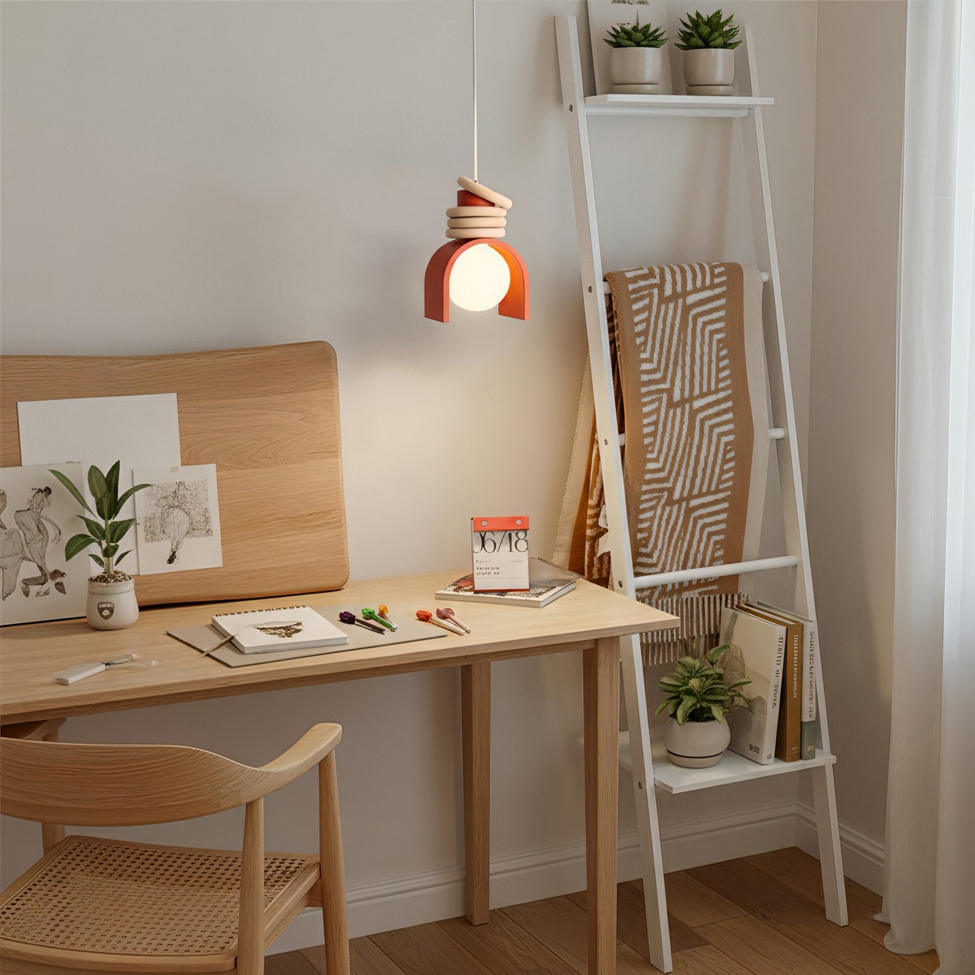 Hanglamp met Kunsthars Kap Crème & Oranje Modern Design Eetkamer Woonkamer Verlichting Scandinavisch Stijlvol | Sansoti