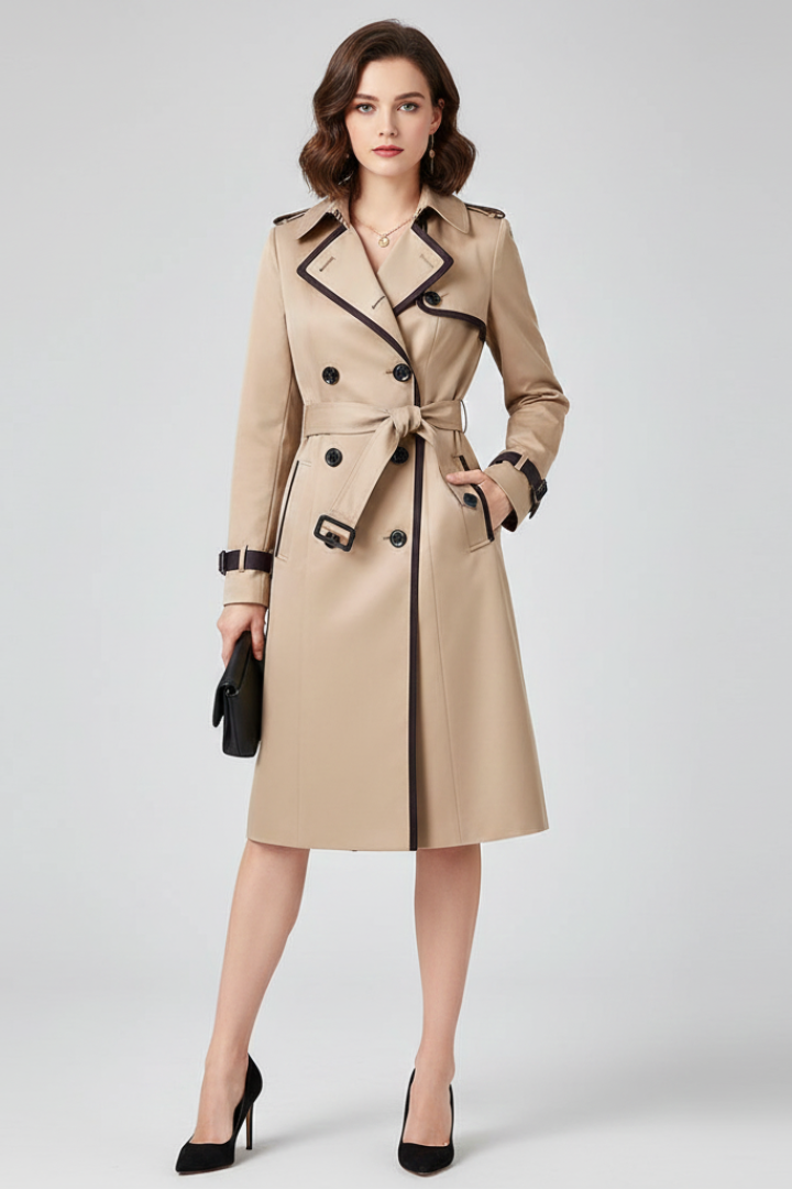 Gestructureerde Trenchcoat met Strikceintuur Knielengte Klassieke Kraag Elegante Dagelijkse Workwear Damesjas | Sansoti