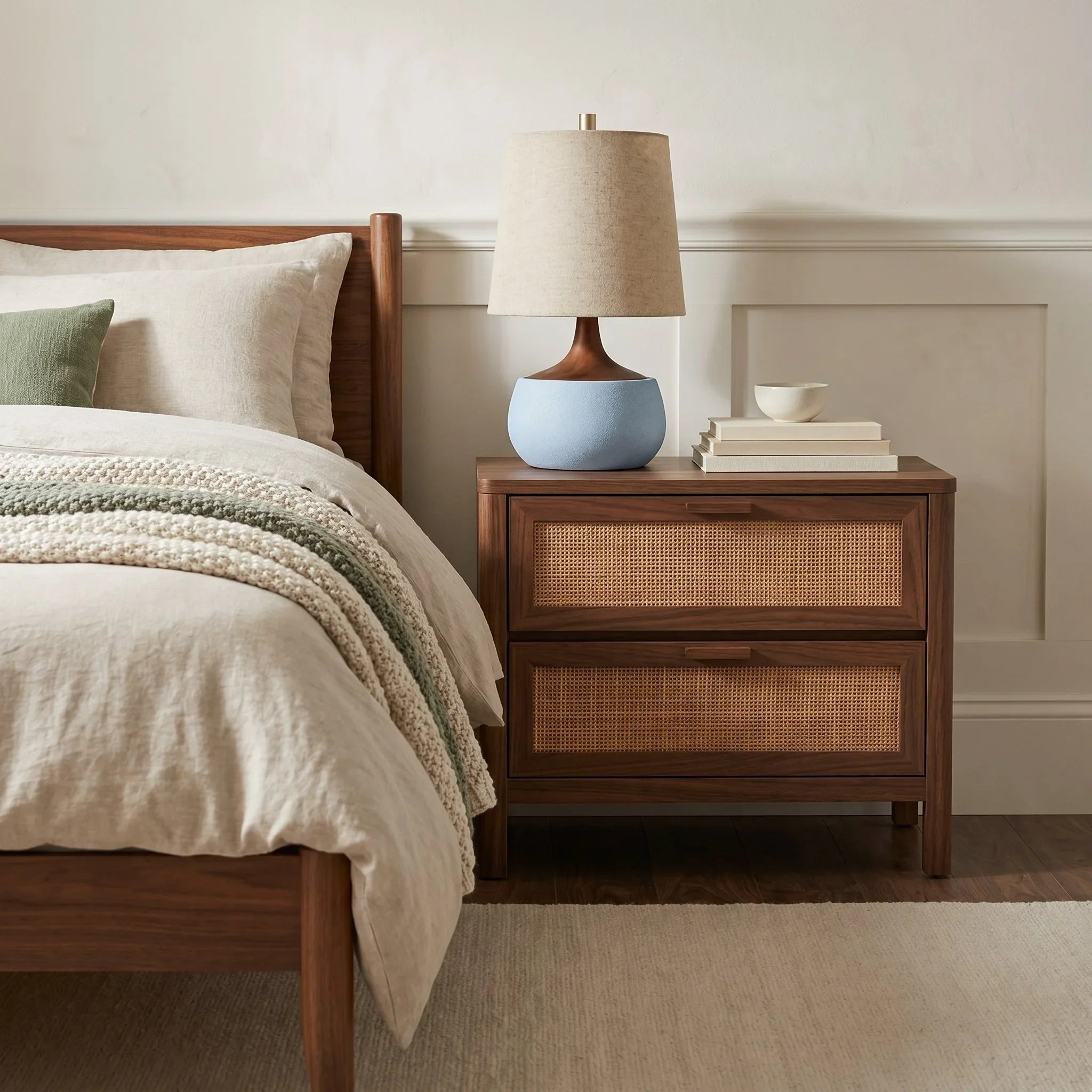 Tafellamp met Houten Voet, Linnen Kap en Cementlook Cilinder – Modern Design | Sansoti