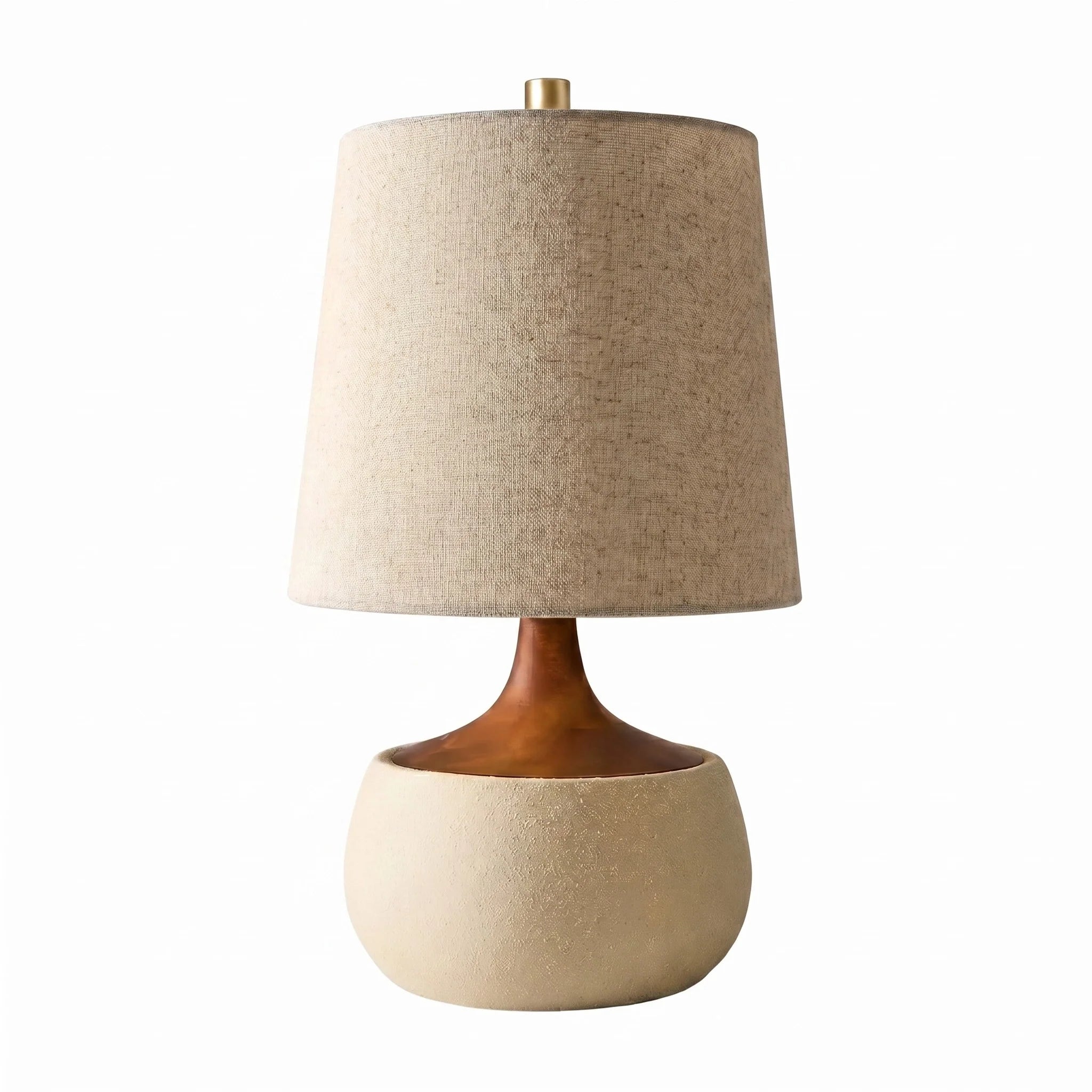 Tafellamp met Houten Voet, Linnen Kap en Cementlook Cilinder – Modern Design | Sansoti