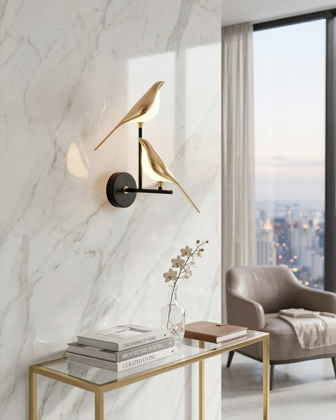 Vogel Wandlamp - Moderne Sculptuurverlichting met Natuurlijke Vormen - Matglas Diffuus Licht - Gouden Afwerking | Sansoti
