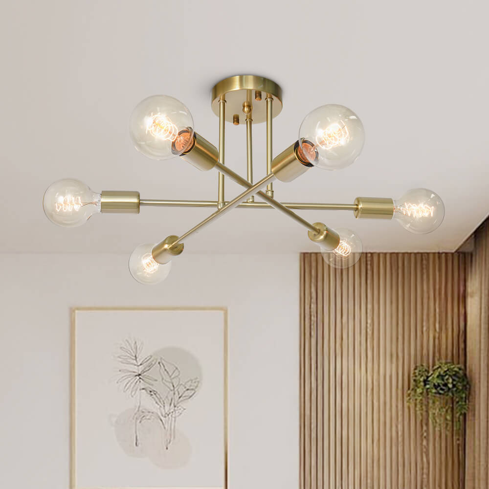 Messing Sputnik-Deckenleuchte mit 6 Flammen – Semi-Flush-Design für niedrige Decken 60 cm | Restfield