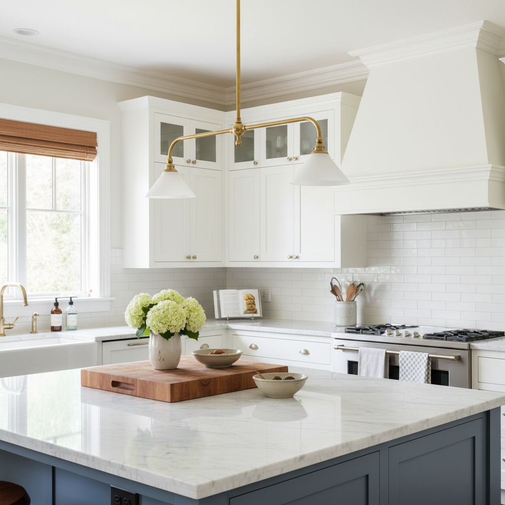 Luxe Design Hanglamp Met Witte Glazen Kappen Voor Eettafel En Keukeneiland In Messing Afwerking | Sansoti